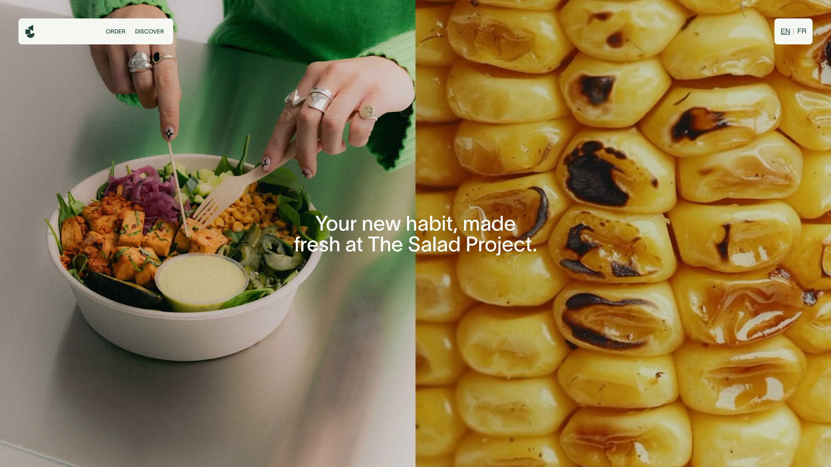 The Salad Project home page: a split hero with a hand lifting a forkful from a salad bowl beside a macro photograph of charred corn.