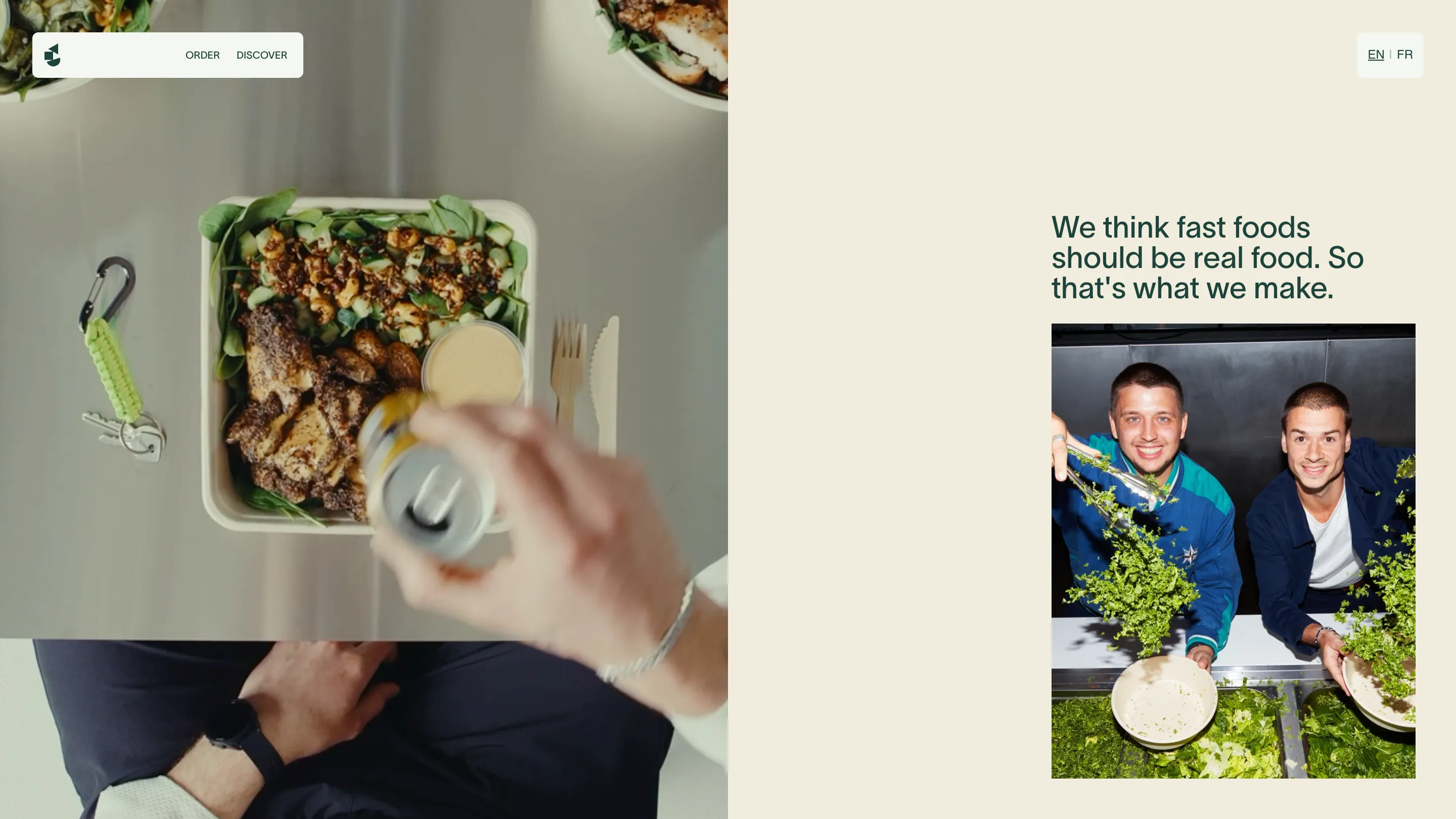 The about page: a salad box shot from above beside a portrait of the two founders, with the line we think fast foods should be real food