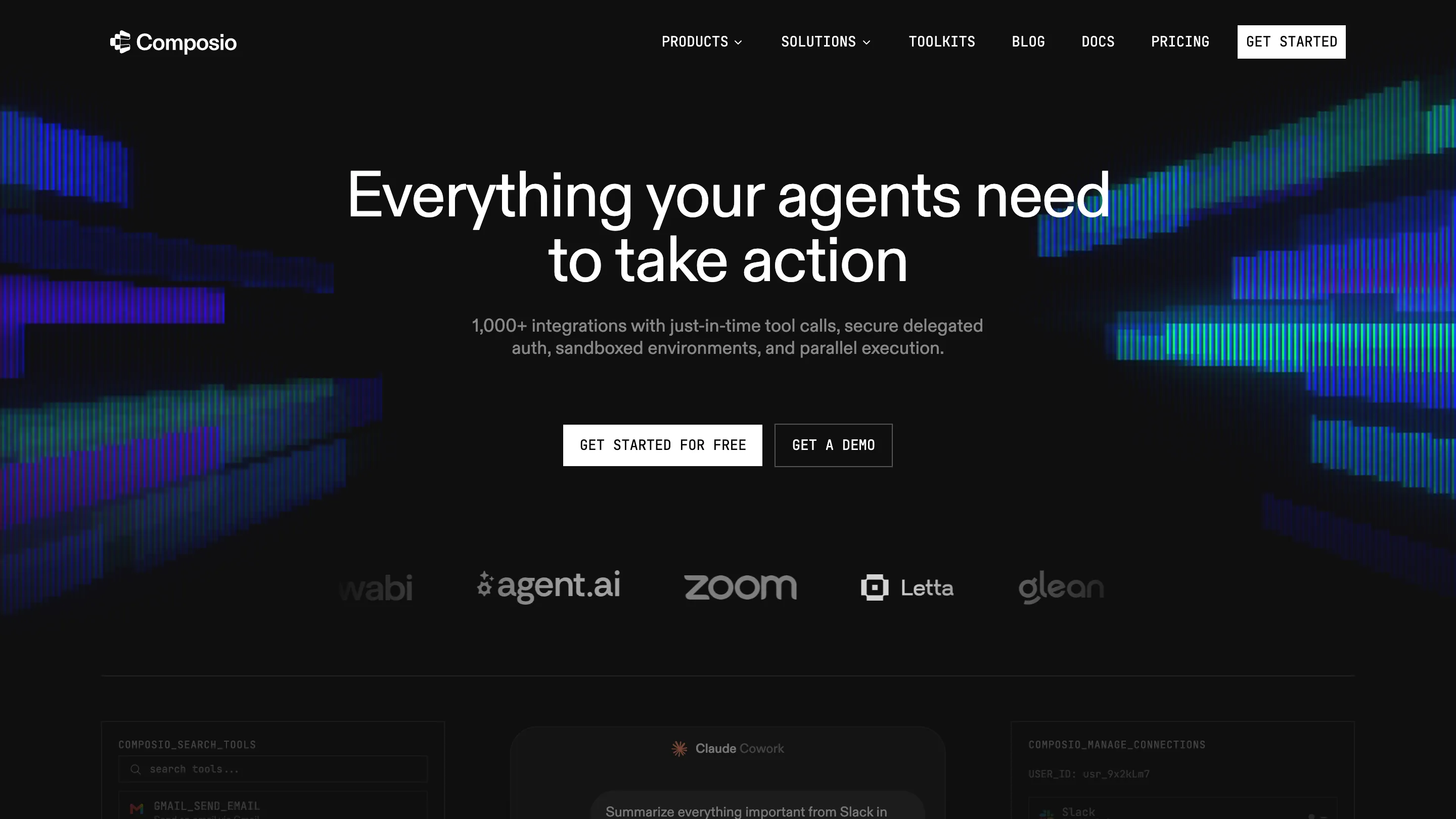 Composio's homepage: white display type on black, with blue and green light beams cutting diagonally across the hero