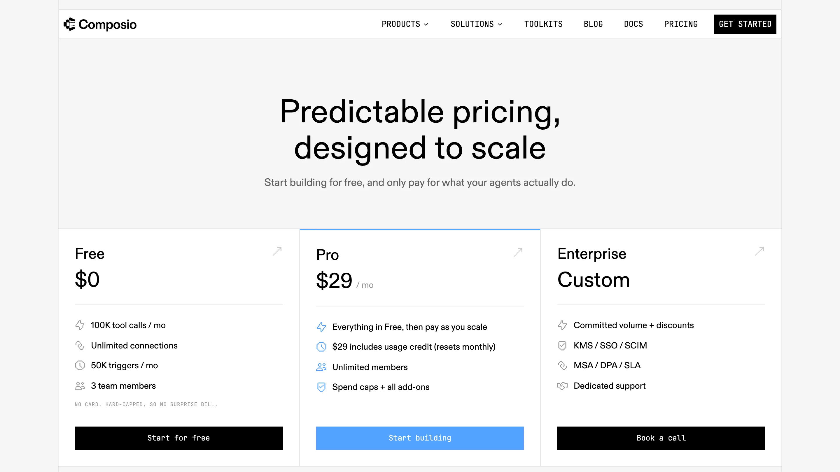 Composio's pricing page in light mode, three plan cards with a single blue accent on the Pro tier