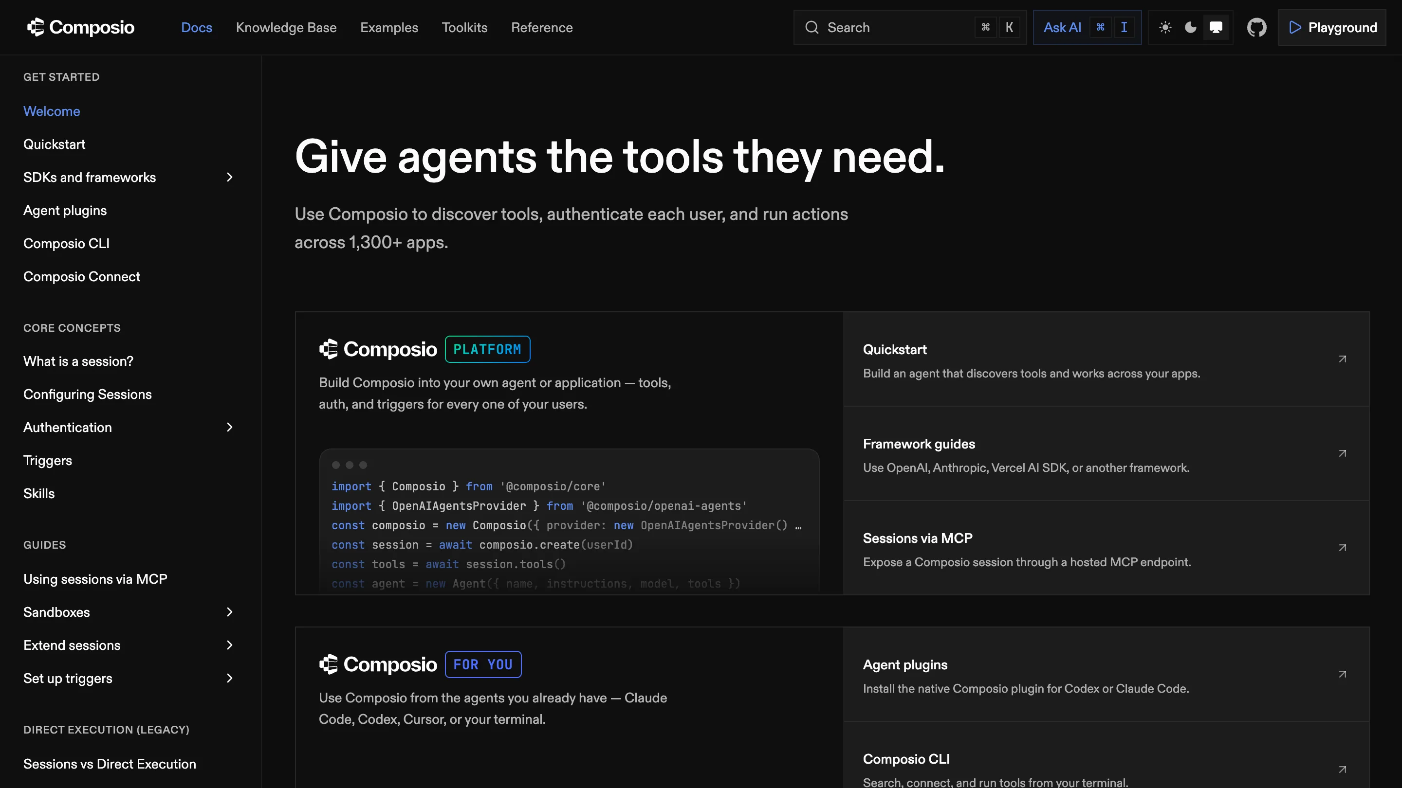 Composio's documentation site, with a large Diatype headline, a quiet sidebar and monospace confined to code blocks and tags