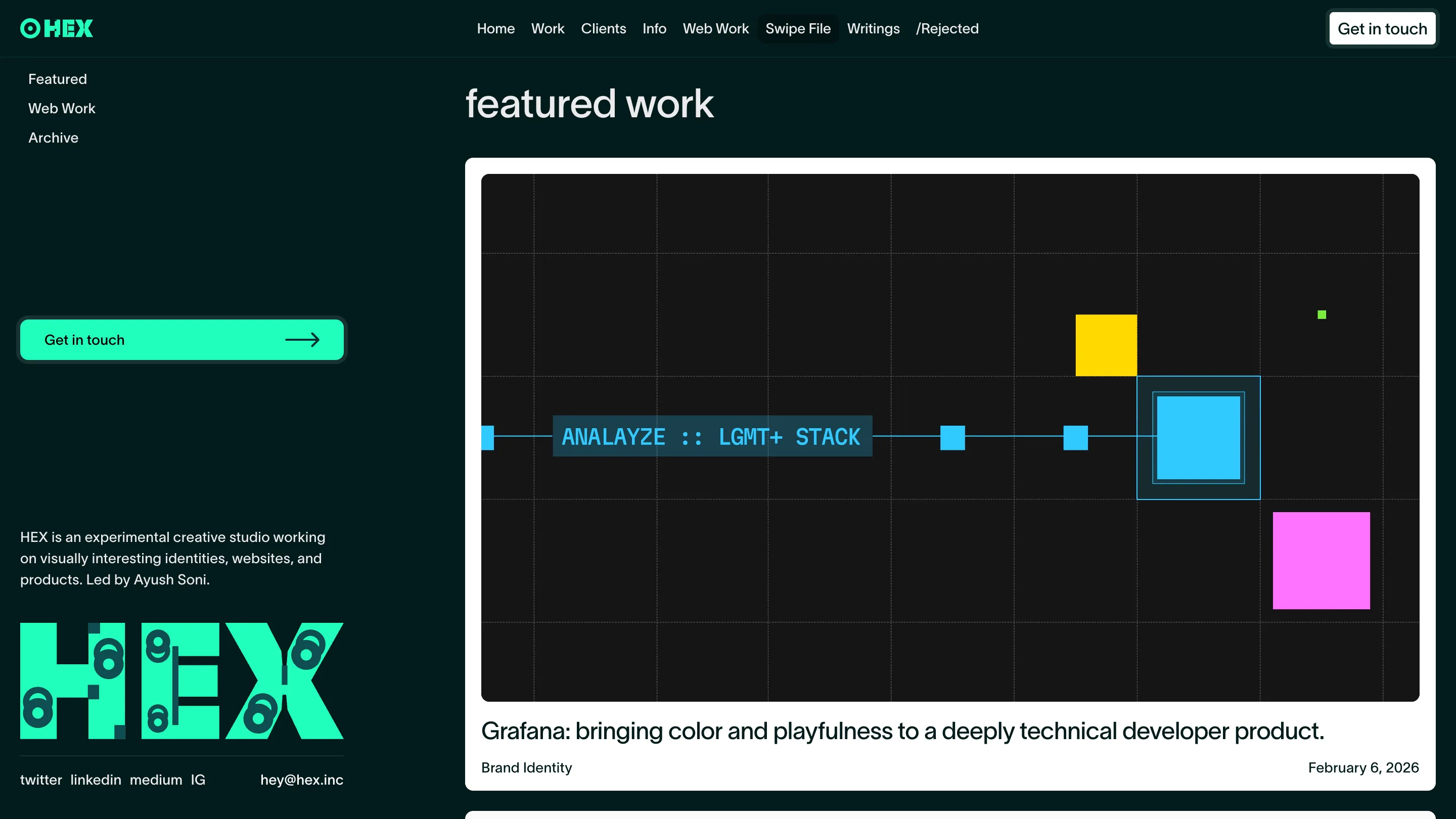HEX's featured work page, opening with its Grafana brand identity project