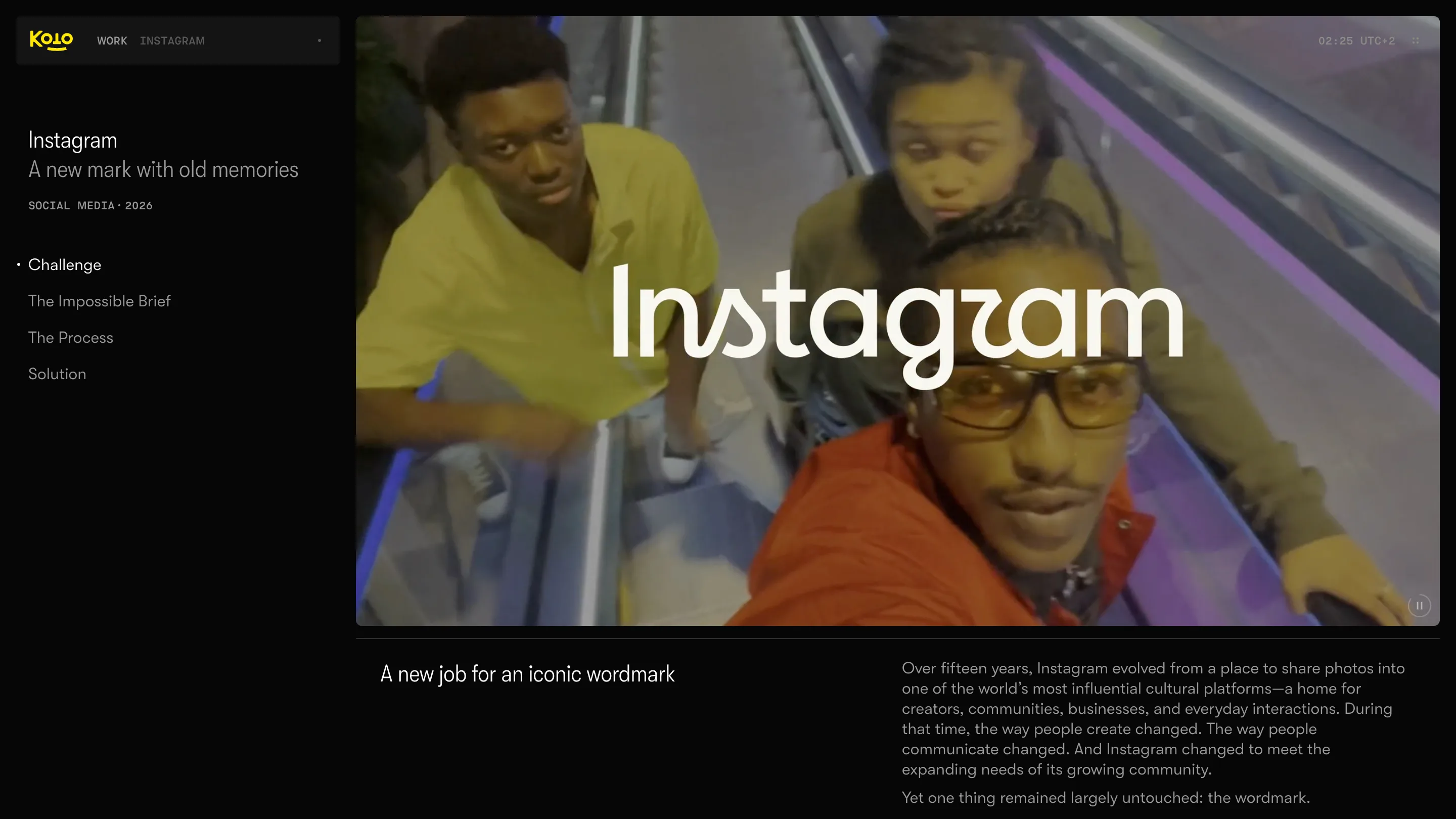 Koto's Instagram case study: the redrawn Instagram wordmark set over a video still of three people on an escalator