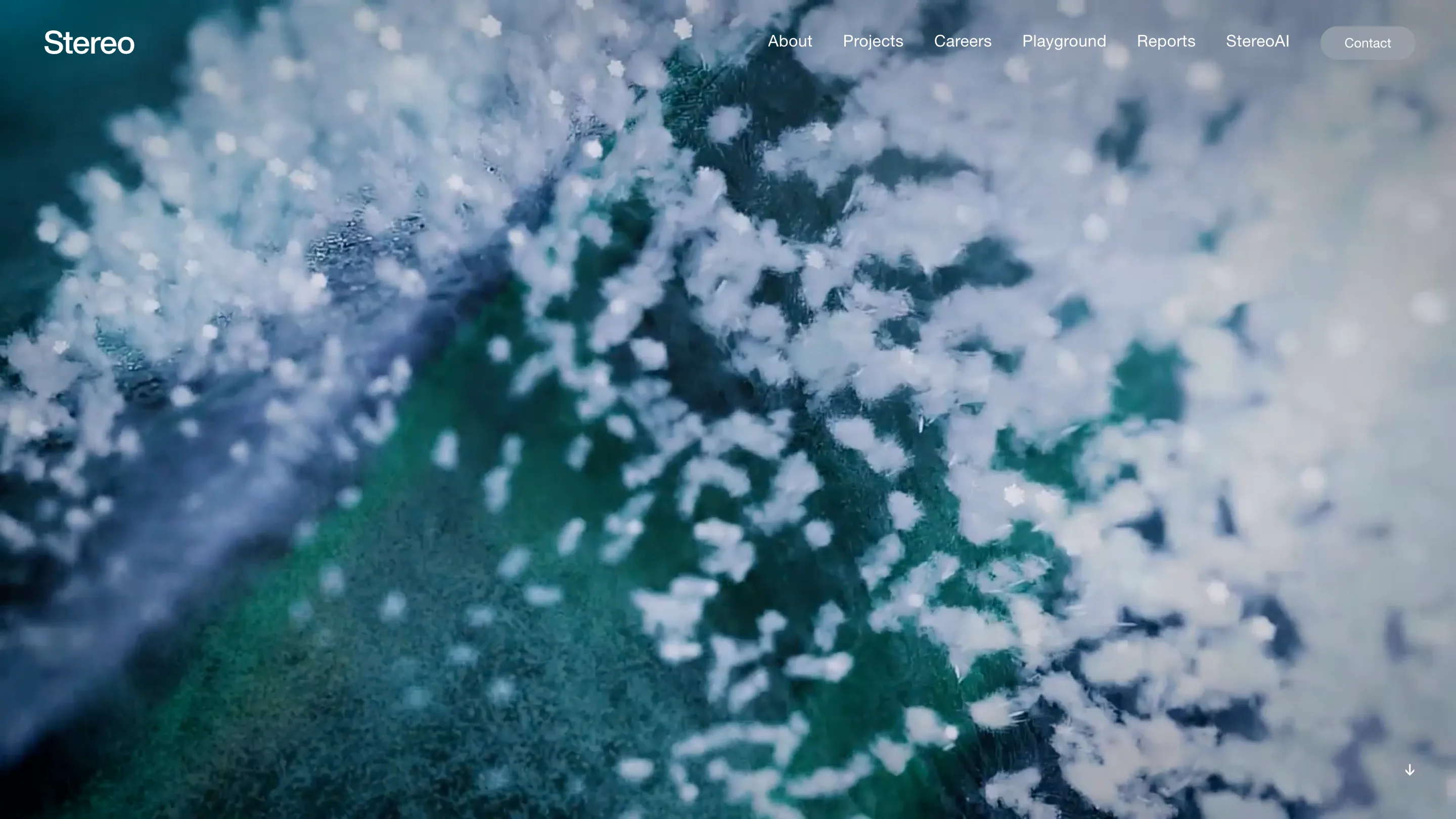 Stereo Creative's homepage: a full-bleed macro film of ice crystals in green and blue, with the Stereo wordmark top left