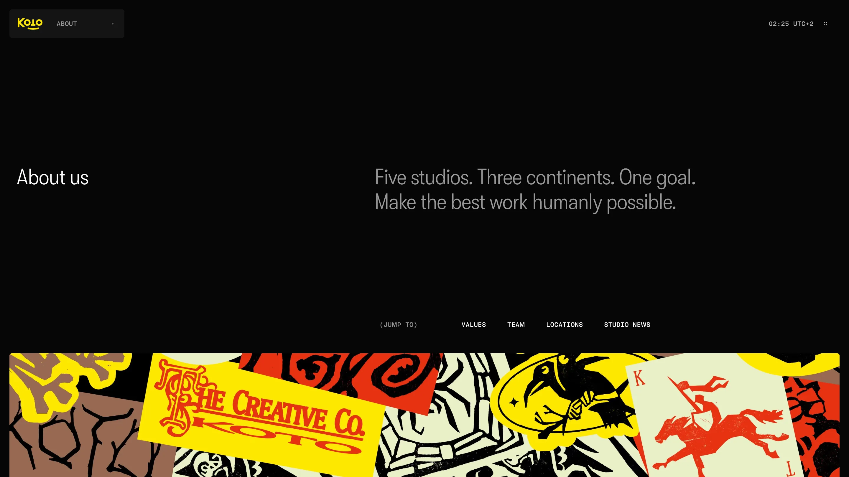 Koto's About page on black, with the line Five studios. Three continents. One goal.