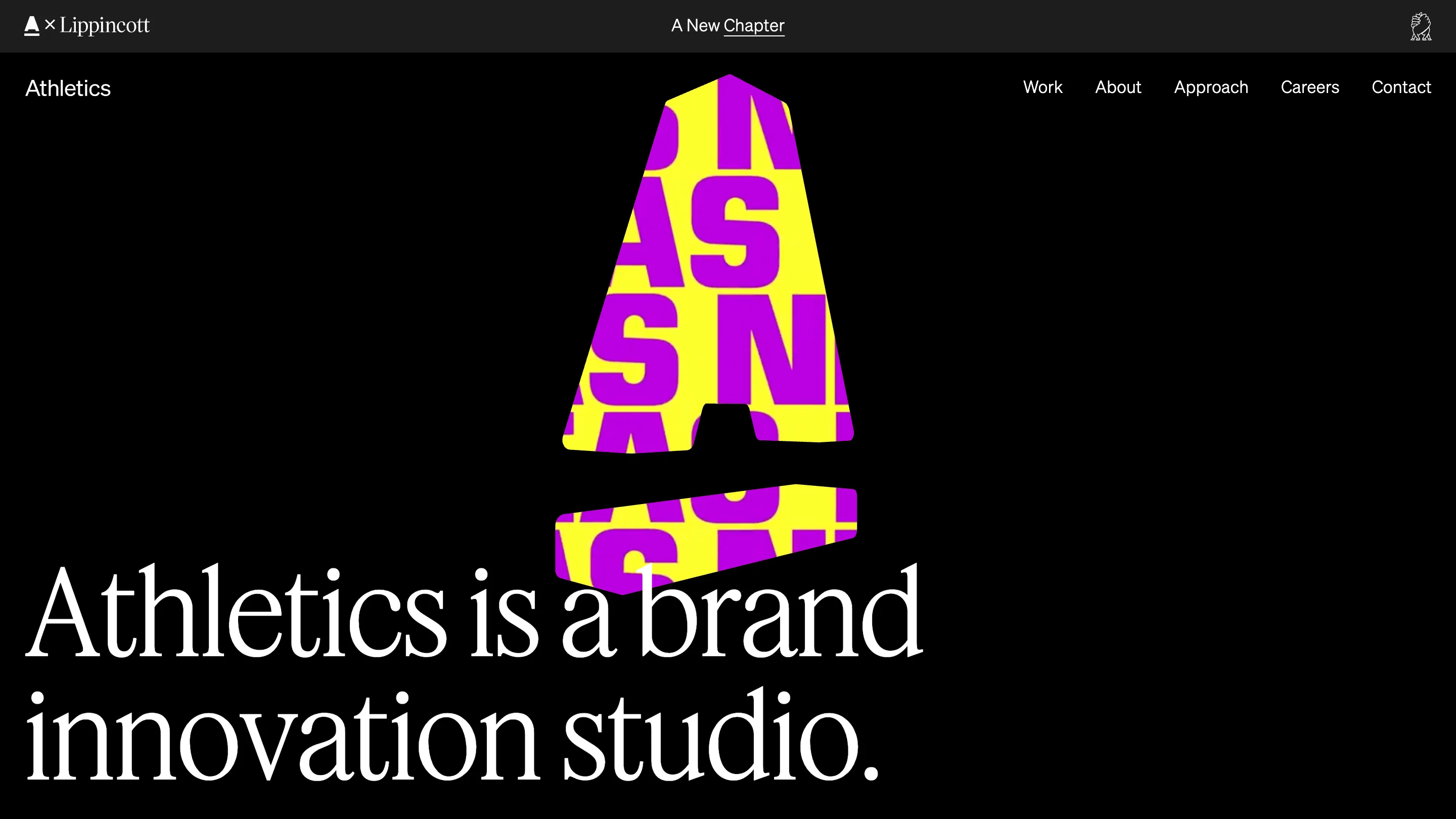 The Athletics homepage: a large serif line, Athletics is a brand innovation studio, under a letter A filled with yellow and purple type, with an Athletics × Lippincott bar on top