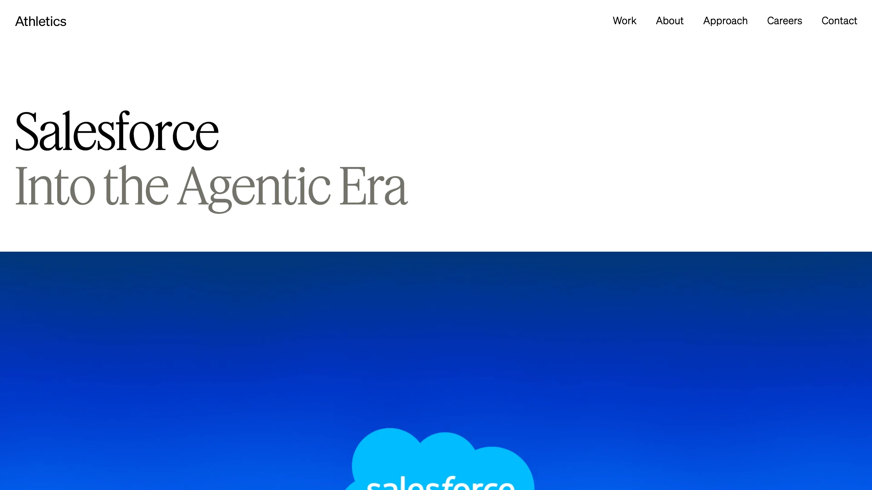 Athletics' Salesforce case study page, titled Into the Agentic Era, over a blue gradient with the Salesforce cloud