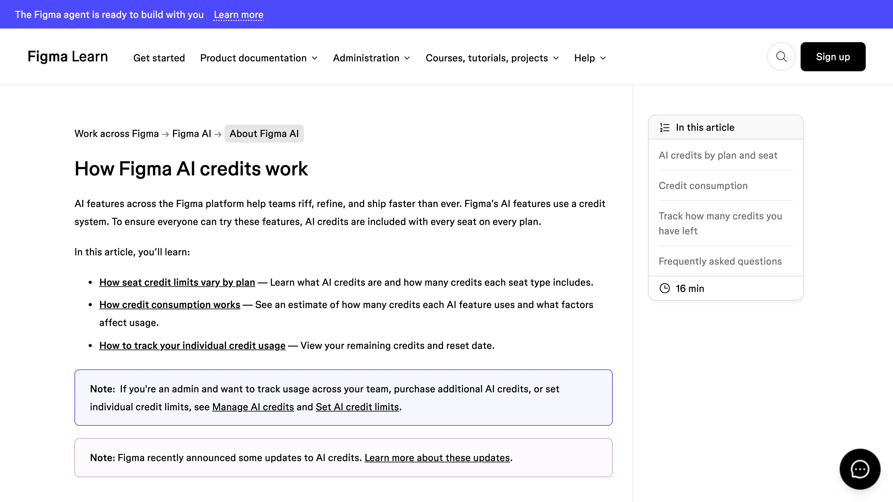Figma's help page explaining how AI credits work, under a banner announcing the agent
