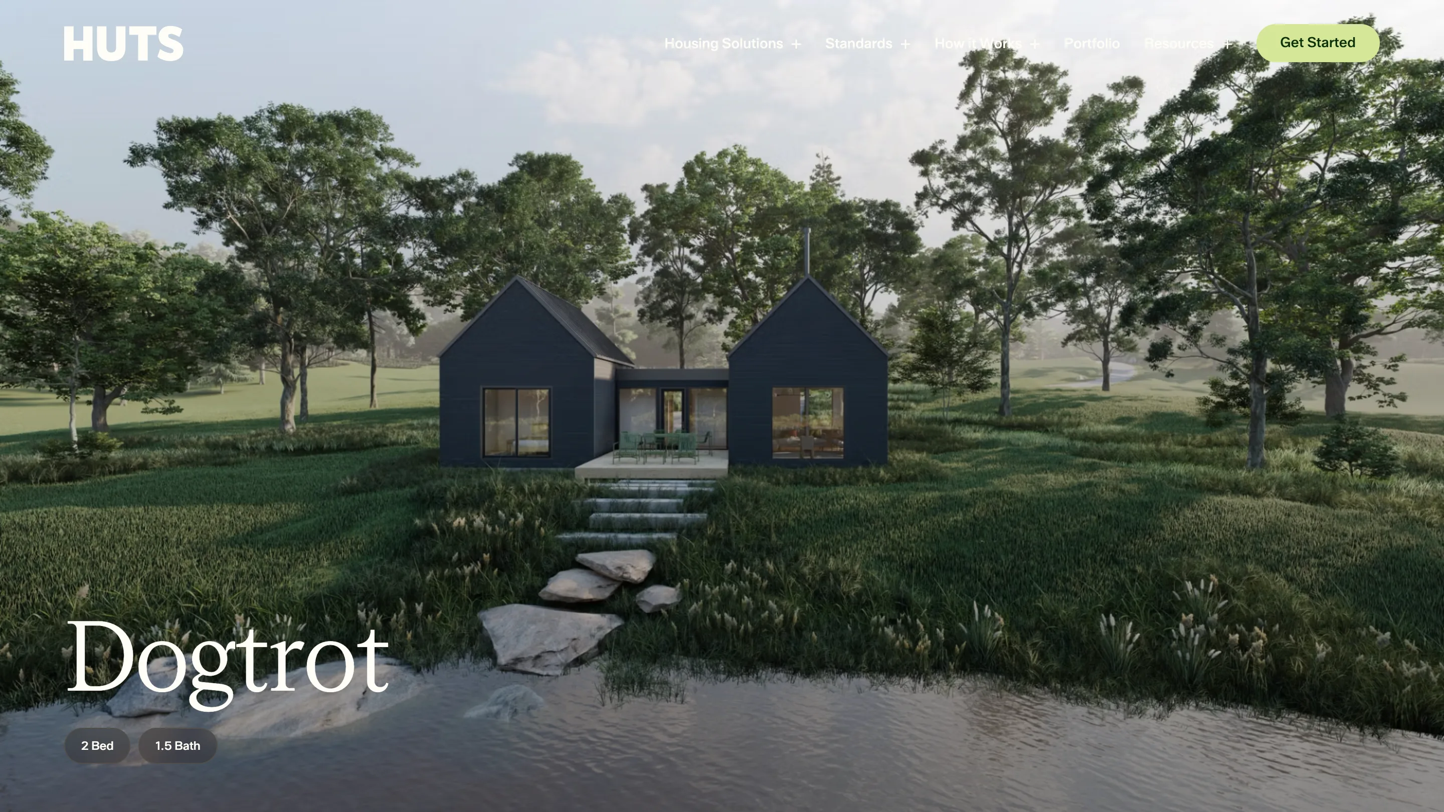The Dogtrot standard: an architectural render of a dark two-gable cabin with a central open breezeway, over water, labelled 2 Bed and 1.5 Bath