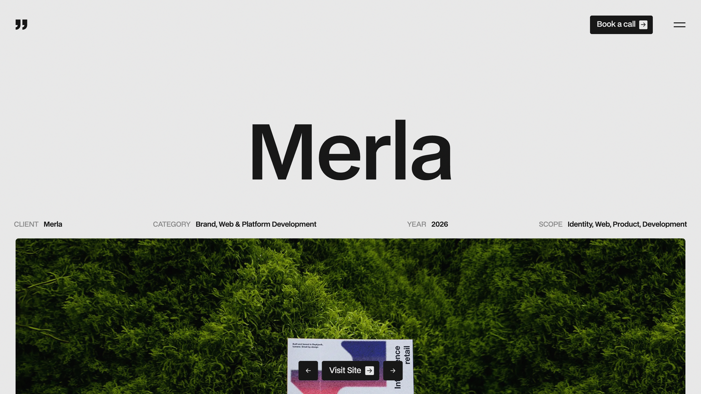 The Merla case study page: the word Merla set huge, a metadata row for client, category, year and scope, then a wide moss photograph beginning below