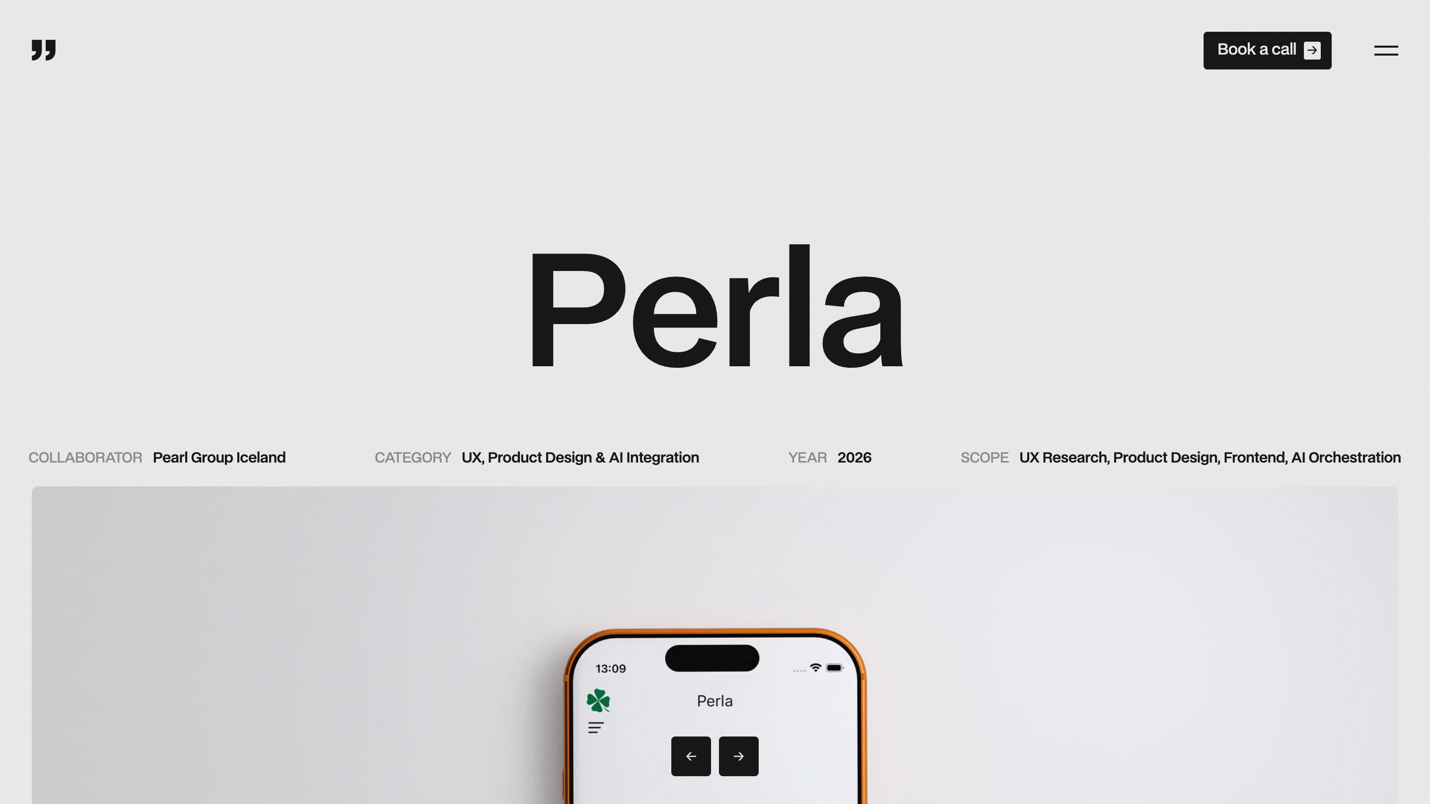 The Perla case study: the word Perla set huge, a metadata row naming Pearl Group Iceland and AI integration, and an iPhone mockup of the product beginning below