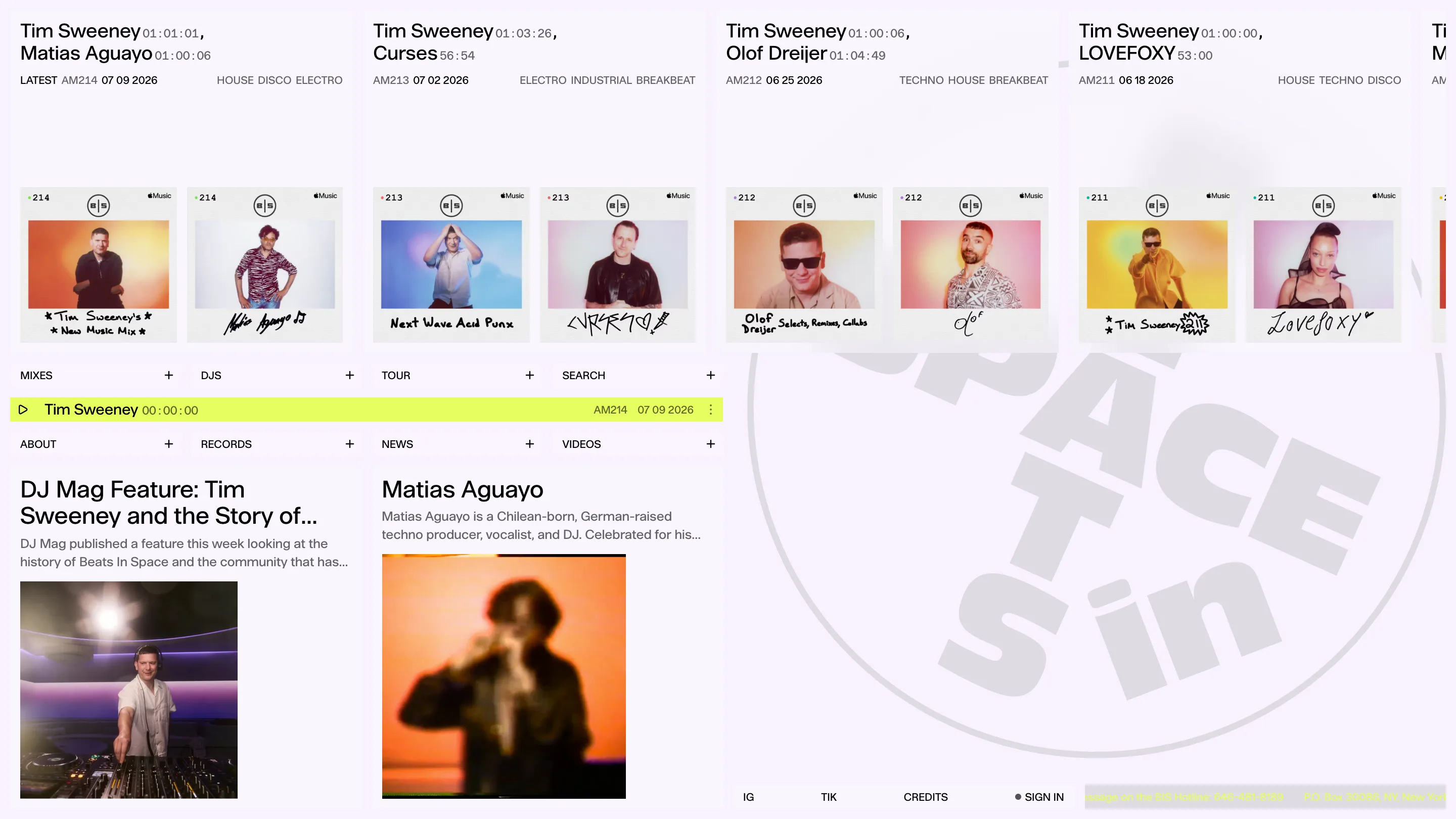 The Beats In Space homepage: a sideways-scrolling grid of mix cards with DJ portraits, above a yellow audio player bar