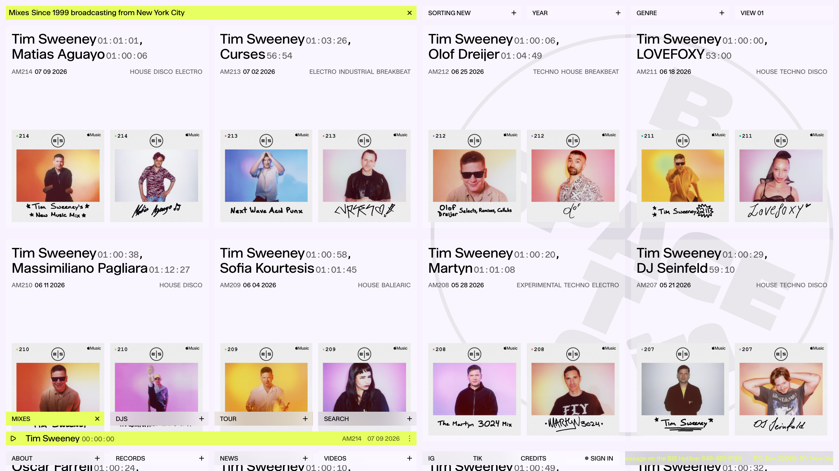 The Beats In Space mixes page: a grid of mix cards with DJ names, runtimes and show numbers, plus sorting controls for year and genre