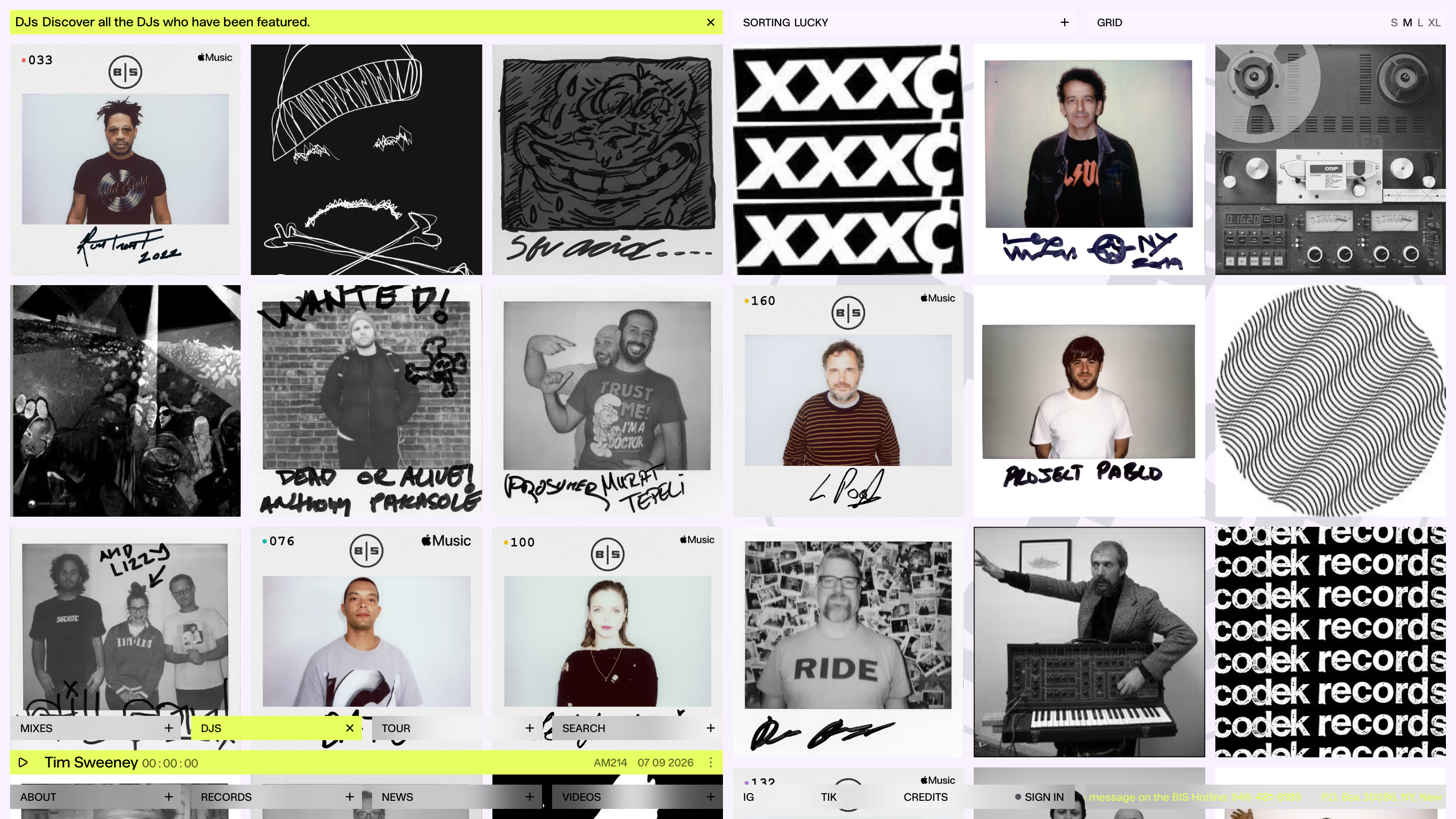 The Beats In Space DJs page: a grid of black and white polaroids, each signed by hand by the DJ
