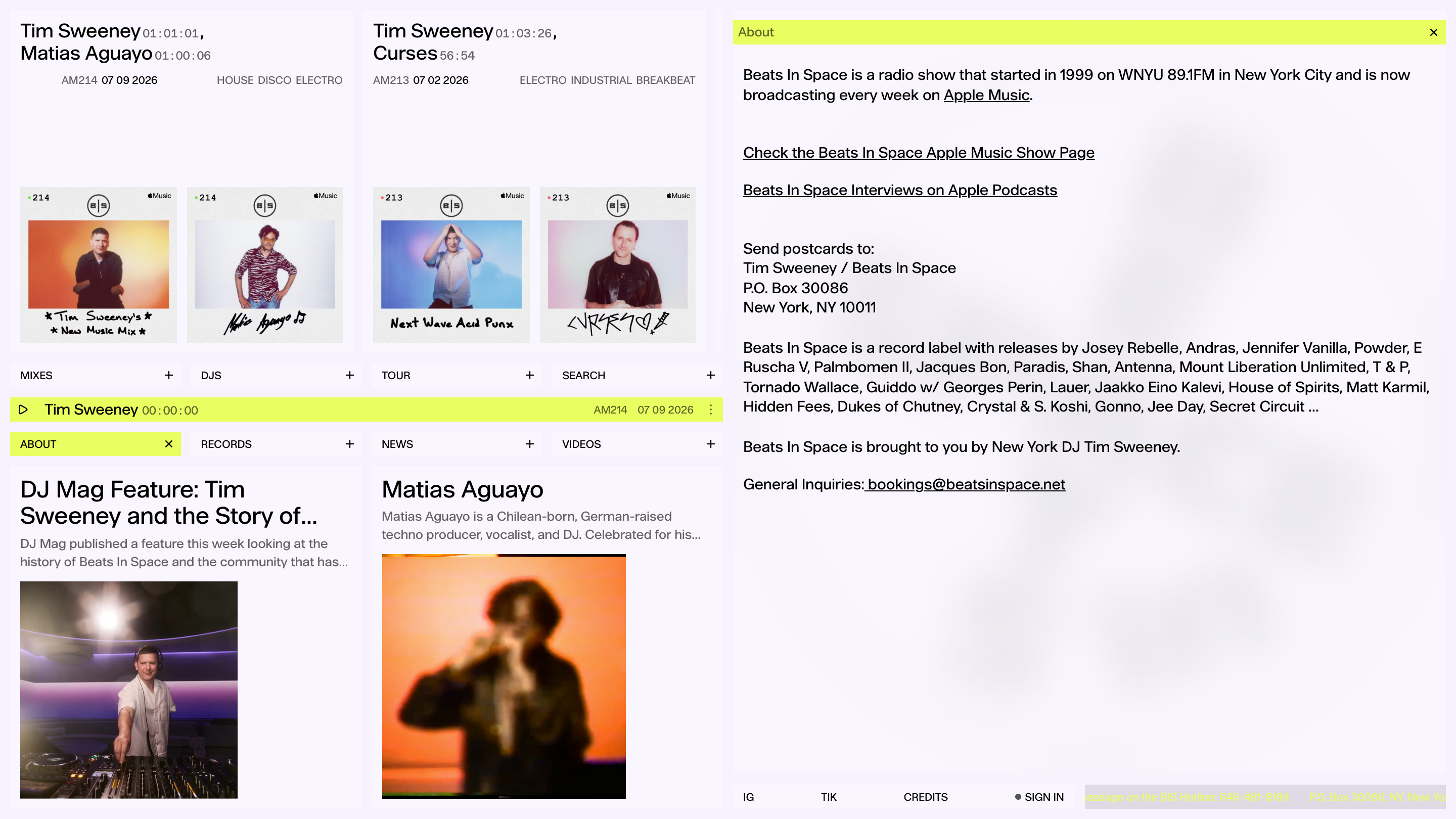 The Beats In Space about column, a short block of plain text listing the label's releases