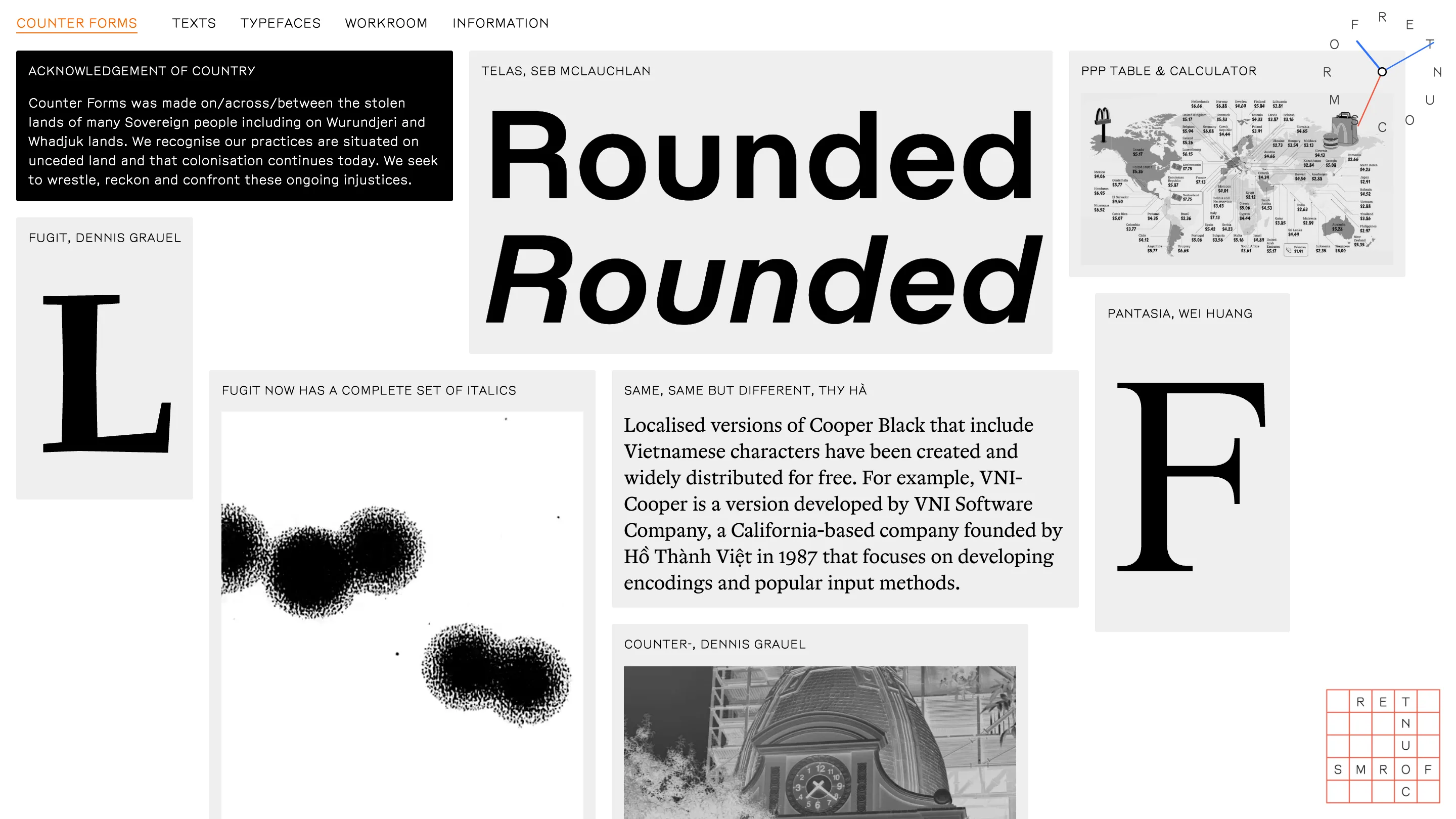 The Counter Forms home page: a white board of grey cards showing typeface samples, a black Acknowledgement of Country card top left, and the wordmark drawn as a clock face top right