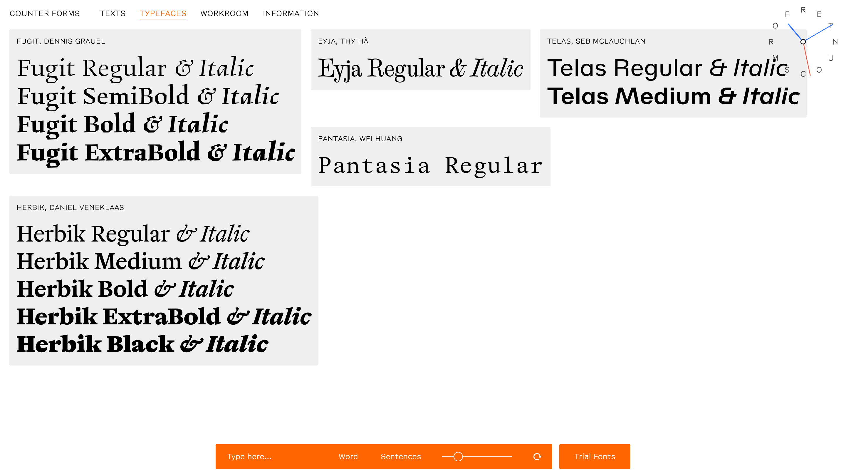 The Counter Forms typefaces page: five grey cards on white, each showing a family's weights and italics set as lines of type
