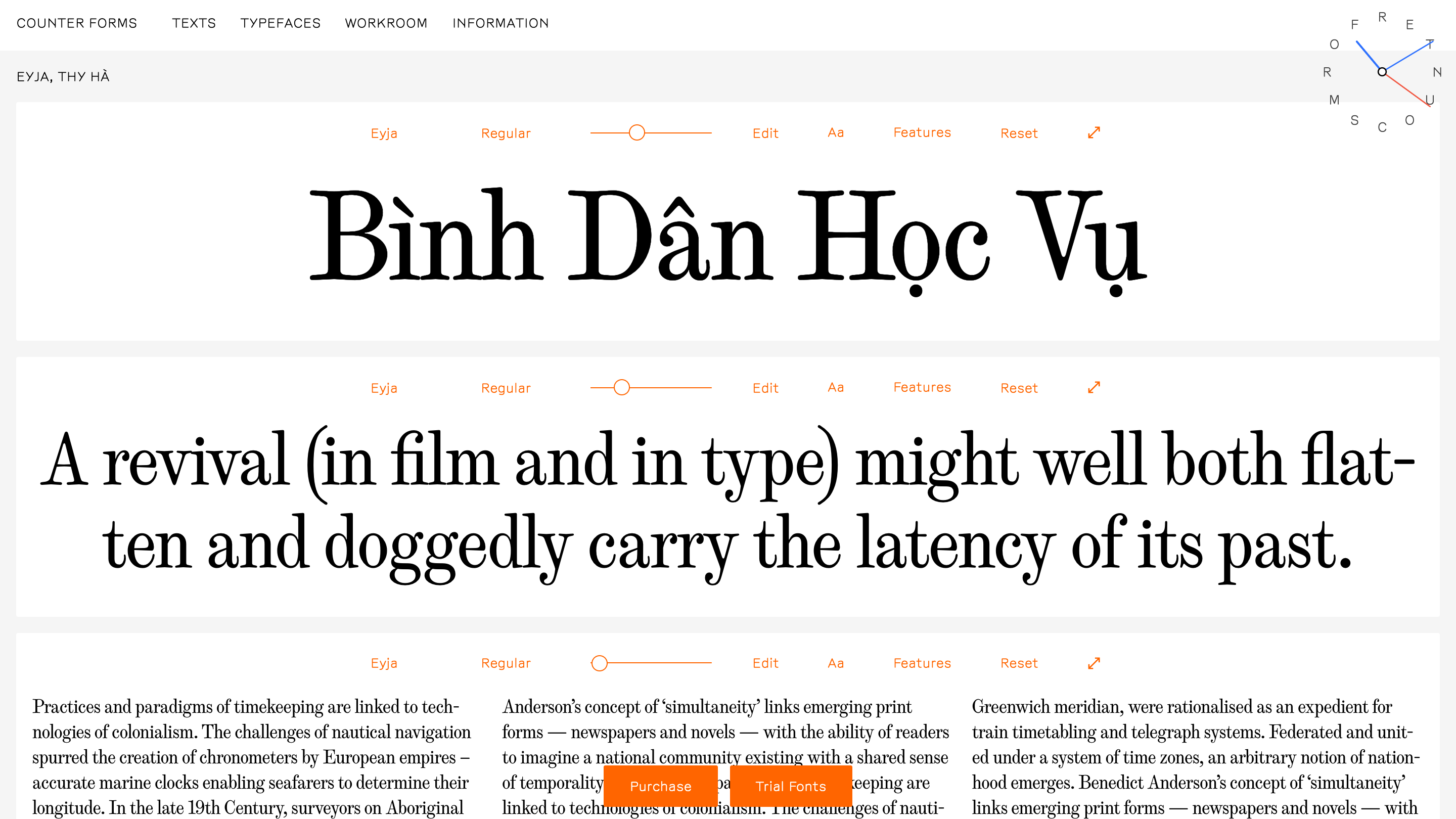 The Eyja specimen page, with the Vietnamese phrase Bình Dân Học Vụ set large in a revived serif above an orange toolbar