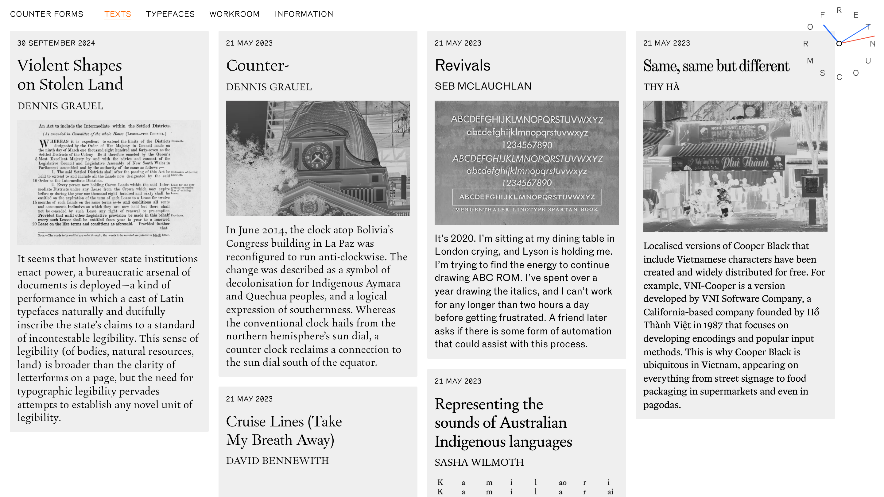 The Counter Forms texts page: six essay cards, each title set in a different one of the foundry's own typefaces