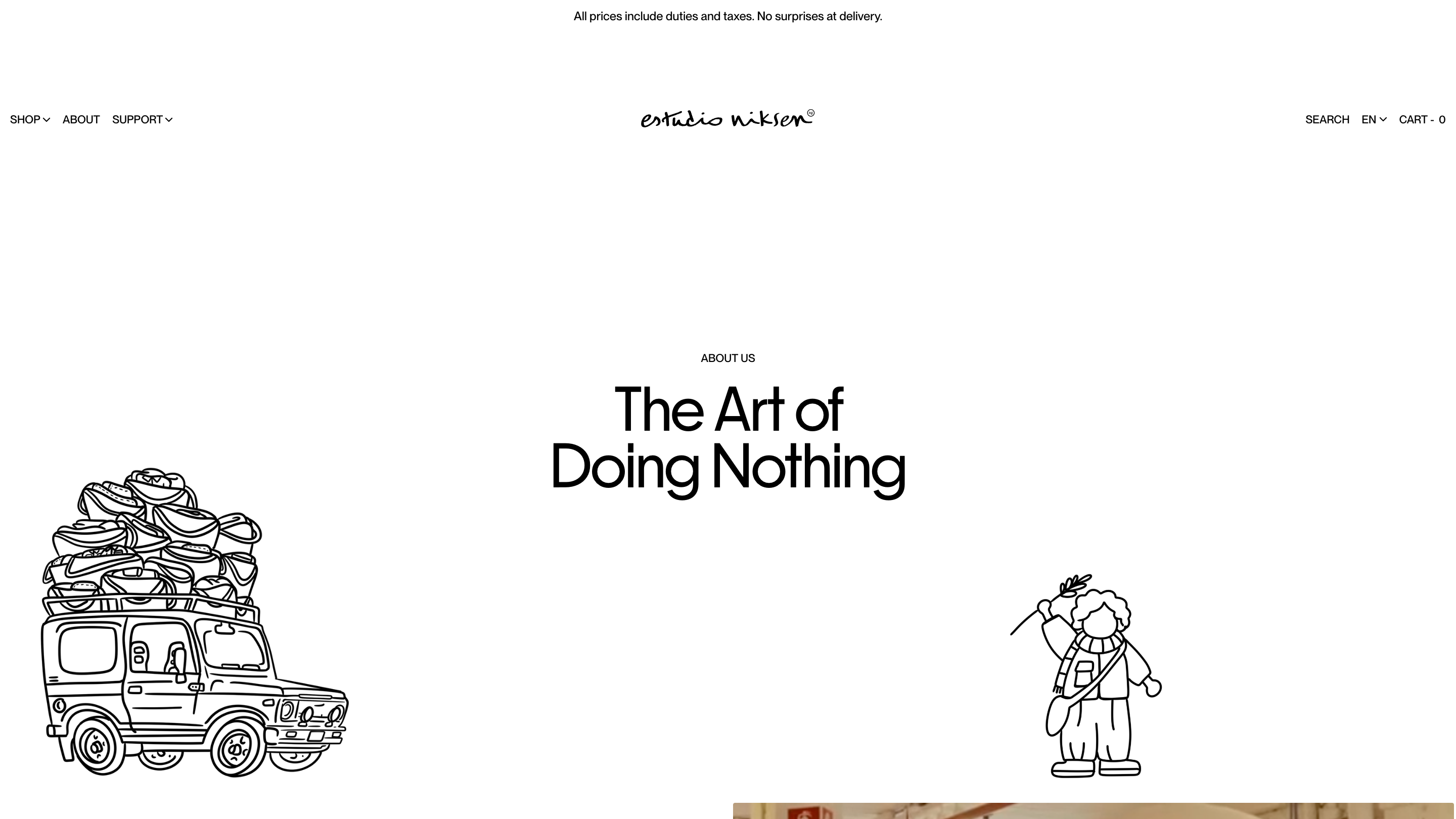 The About page, with a large centred heading and two loose black line drawings floating in the white margins