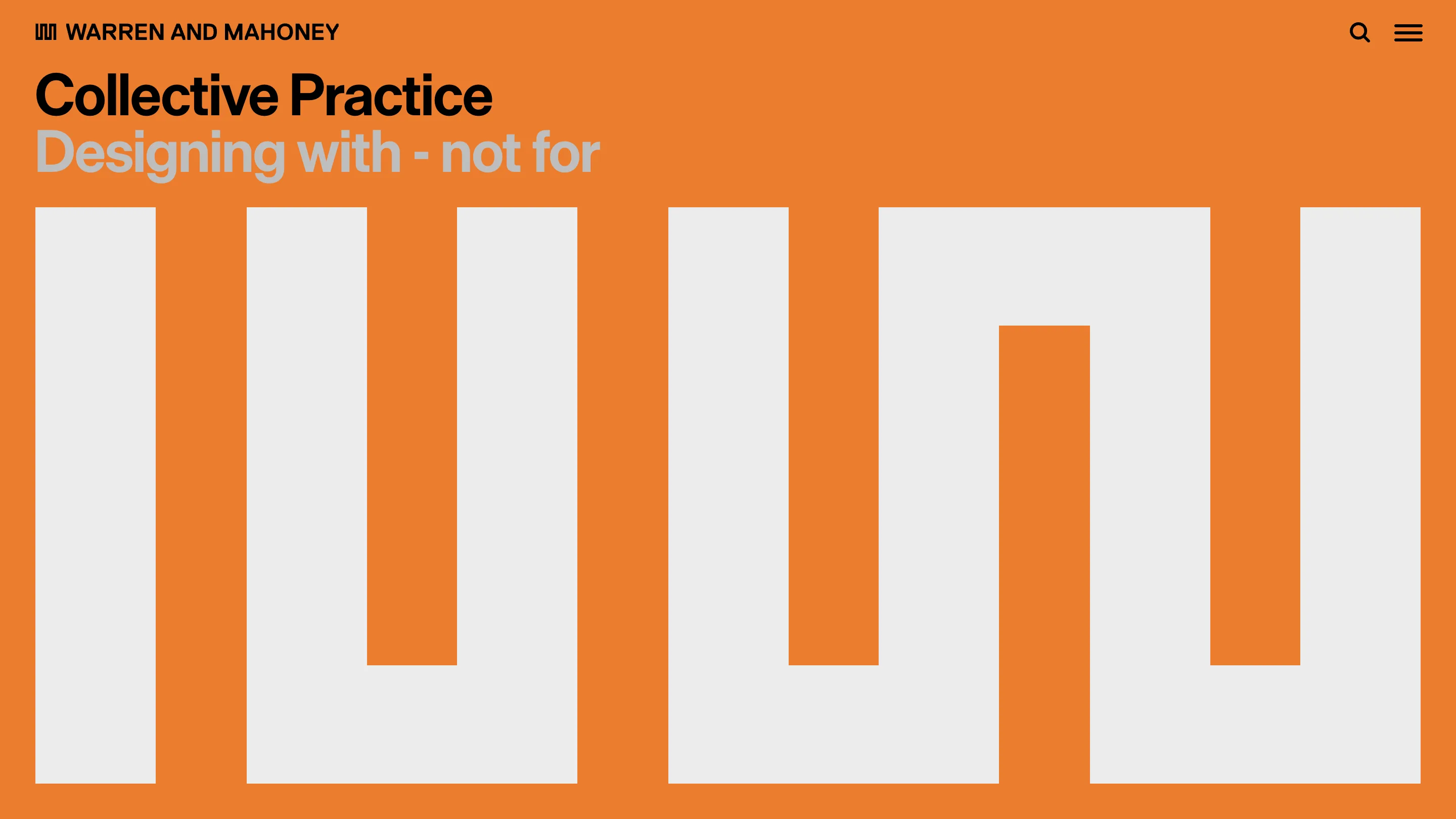 The Collective Practice page, monogram in grey on a burnt orange field, headline Designing with - not for