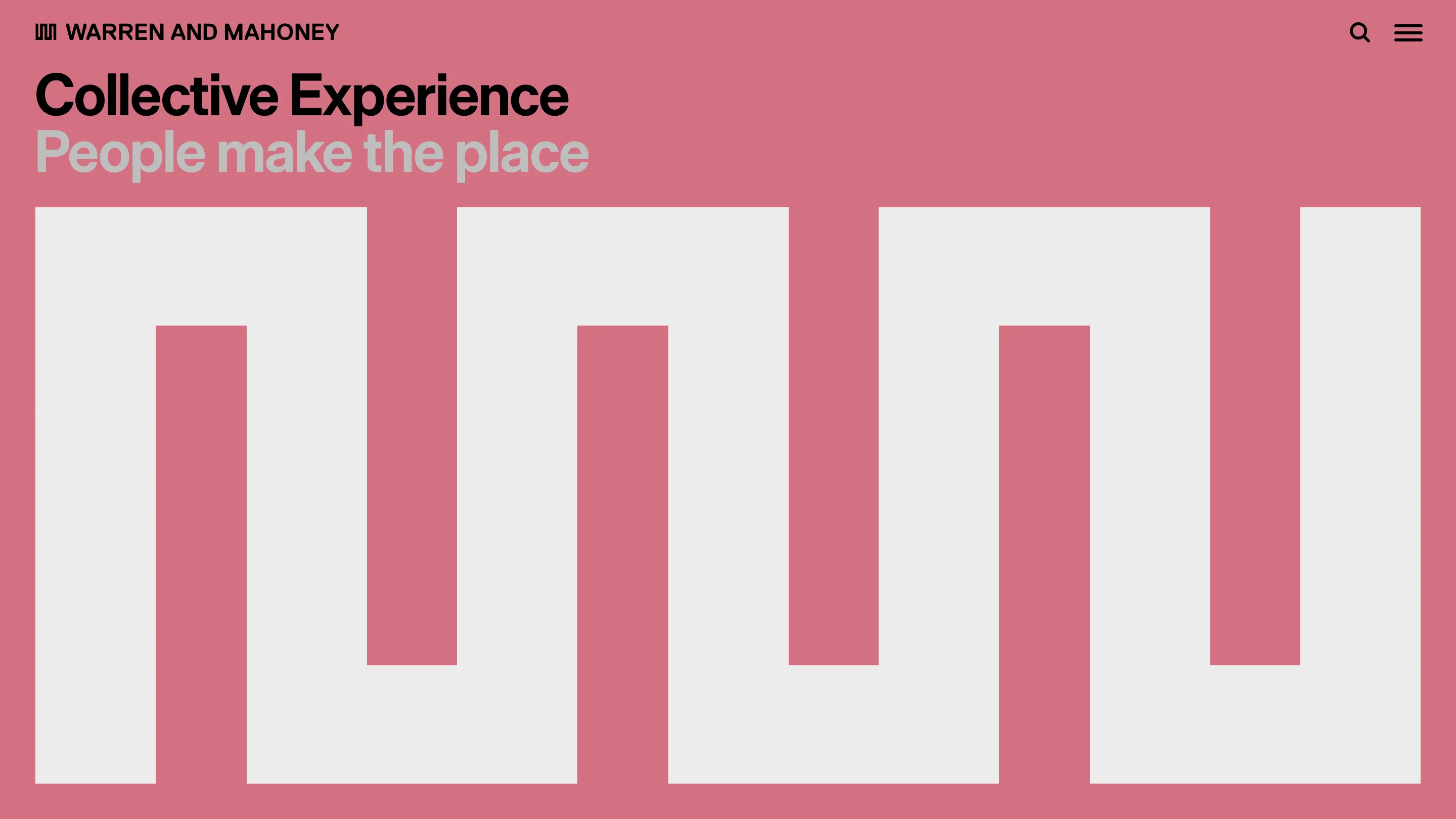 The Collective Experience page, monogram in grey on dusty pink, headline People make the place
