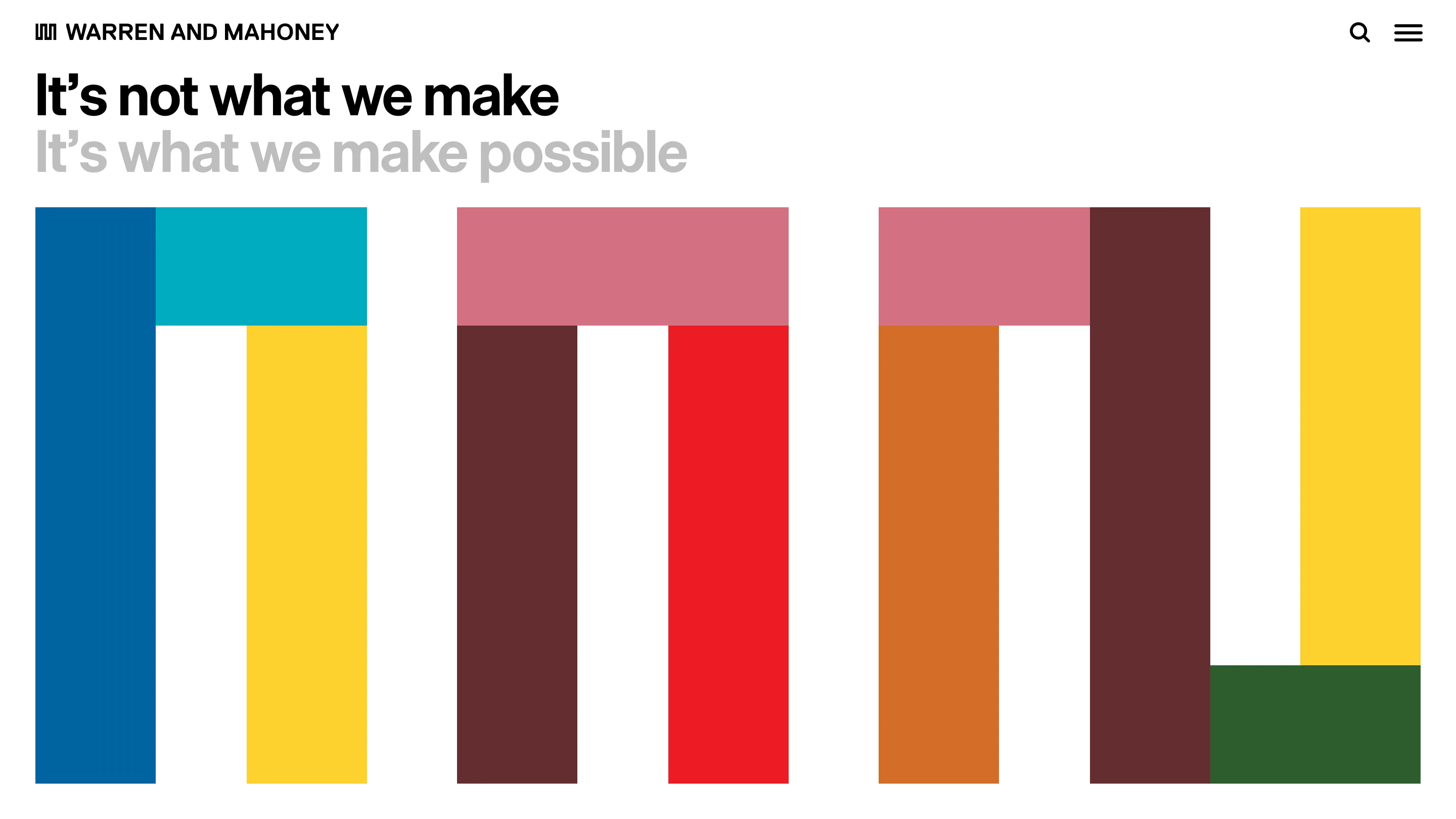 The Warren and Mahoney work index, with the monogram rendered as blocks of blue, cyan, yellow, maroon, red, pink, orange and green under the headline It's not what we make