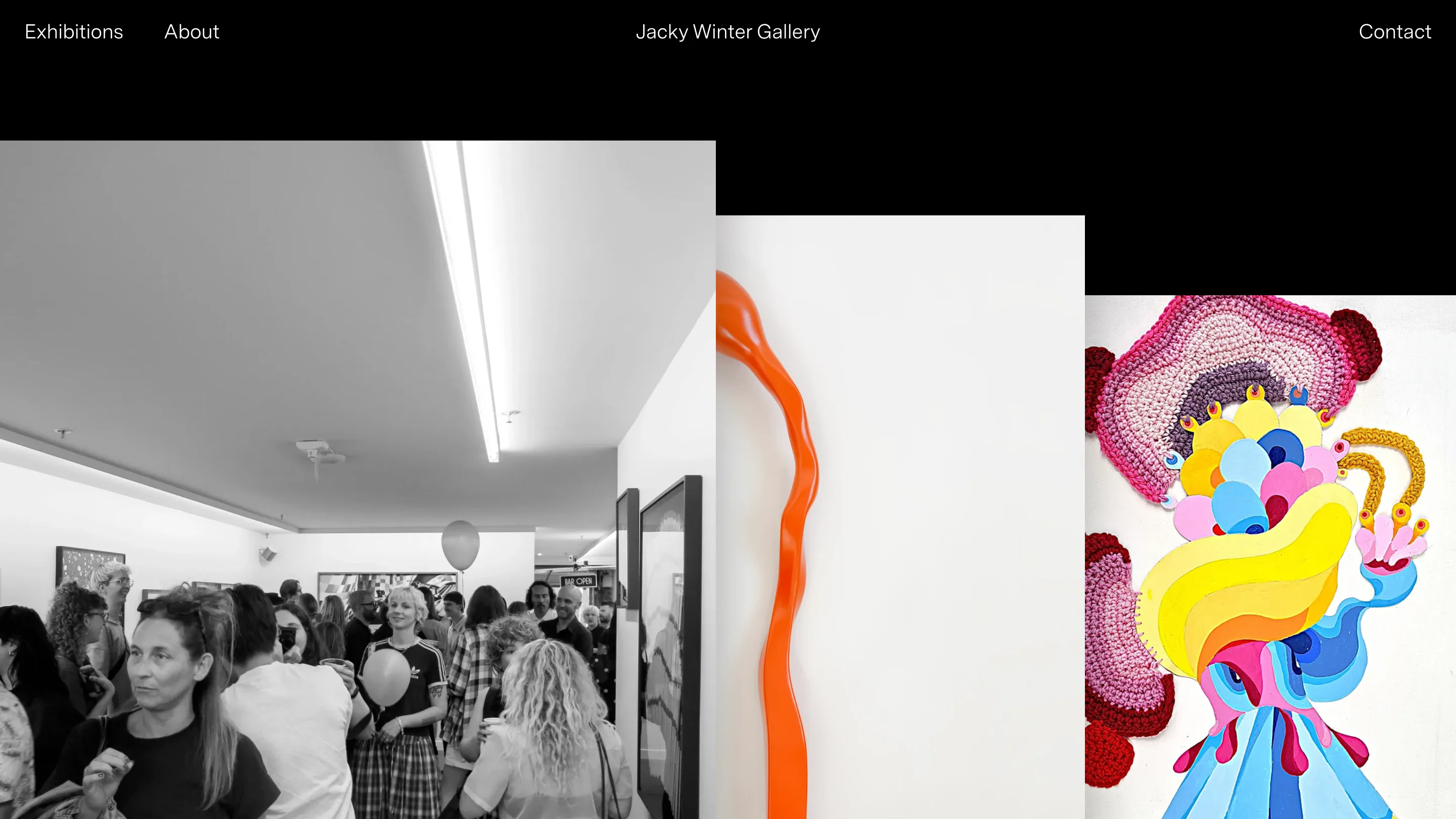 The Jacky Winter Gallery home page: three photographs on a black background, each starting at a different height, under a thin nav bar