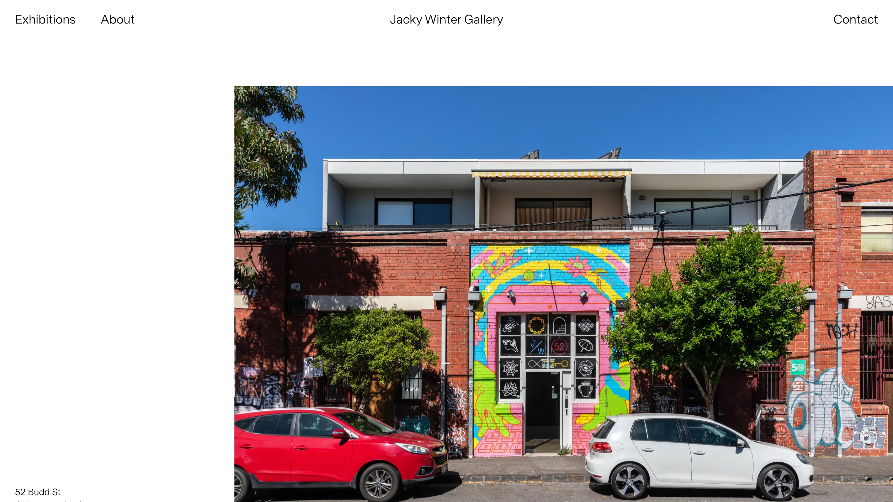 The About page: a single wide photograph of the Collingwood shopfront with a rainbow mural over pink render, and small type in the left column