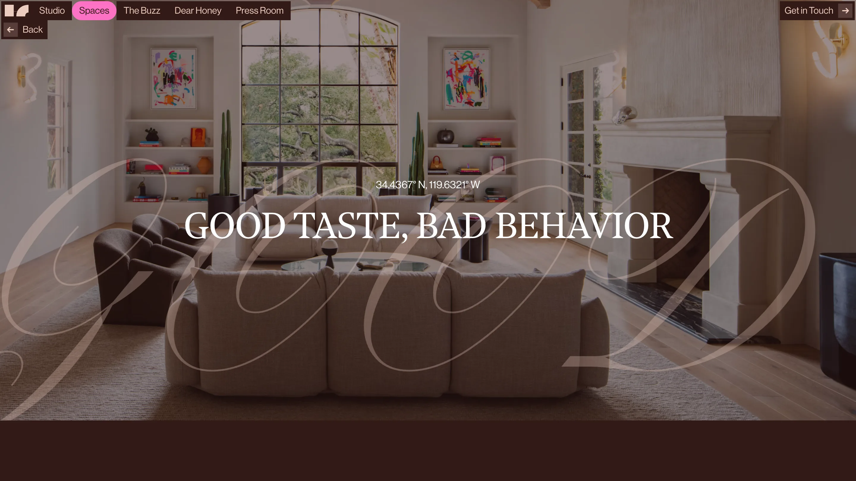 A project page for Good Taste, Bad Behavior with white script over a living room and GPS coordinates above the title