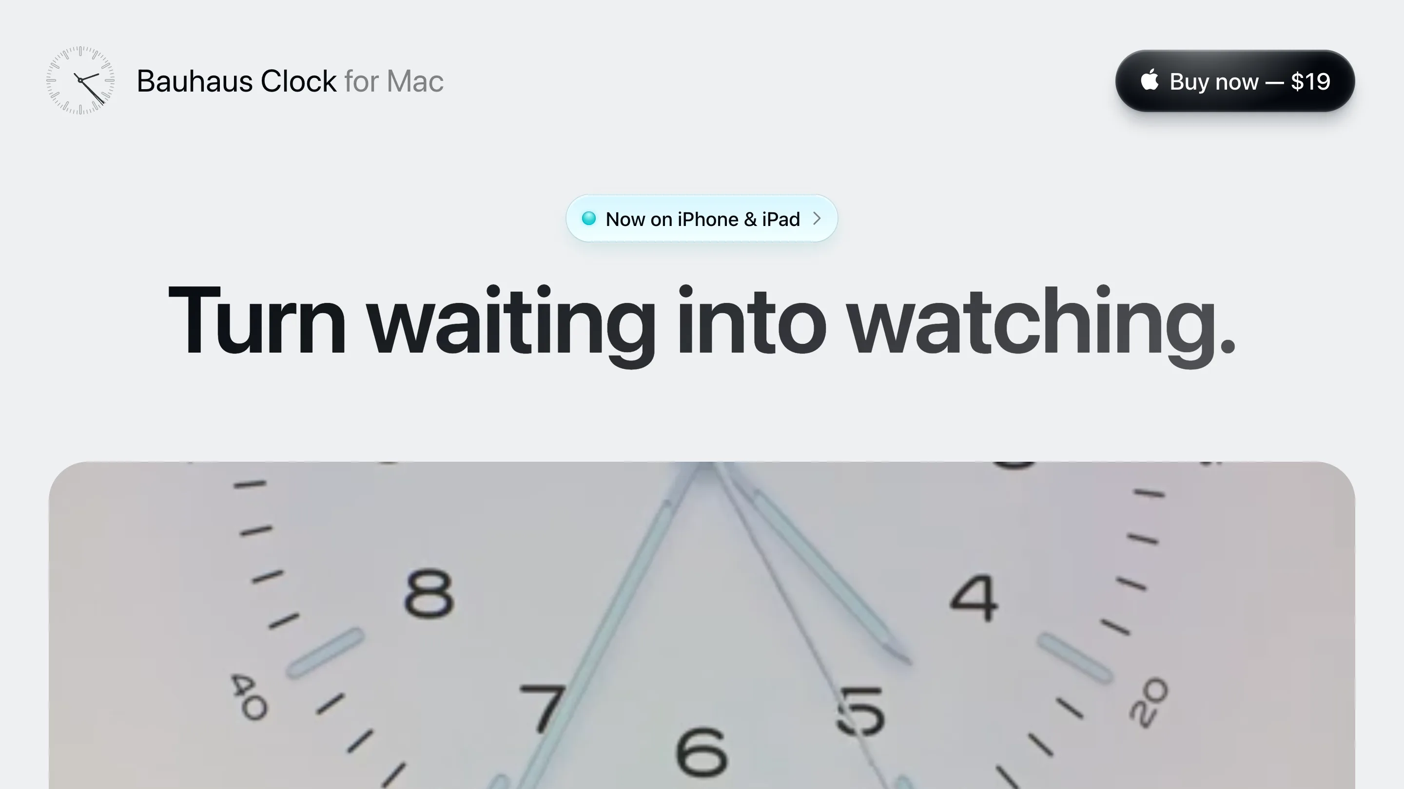 The Bauhaus Clock homepage: a large analog clock face under the headline Turn waiting into watching, with a Buy now button pinned top right