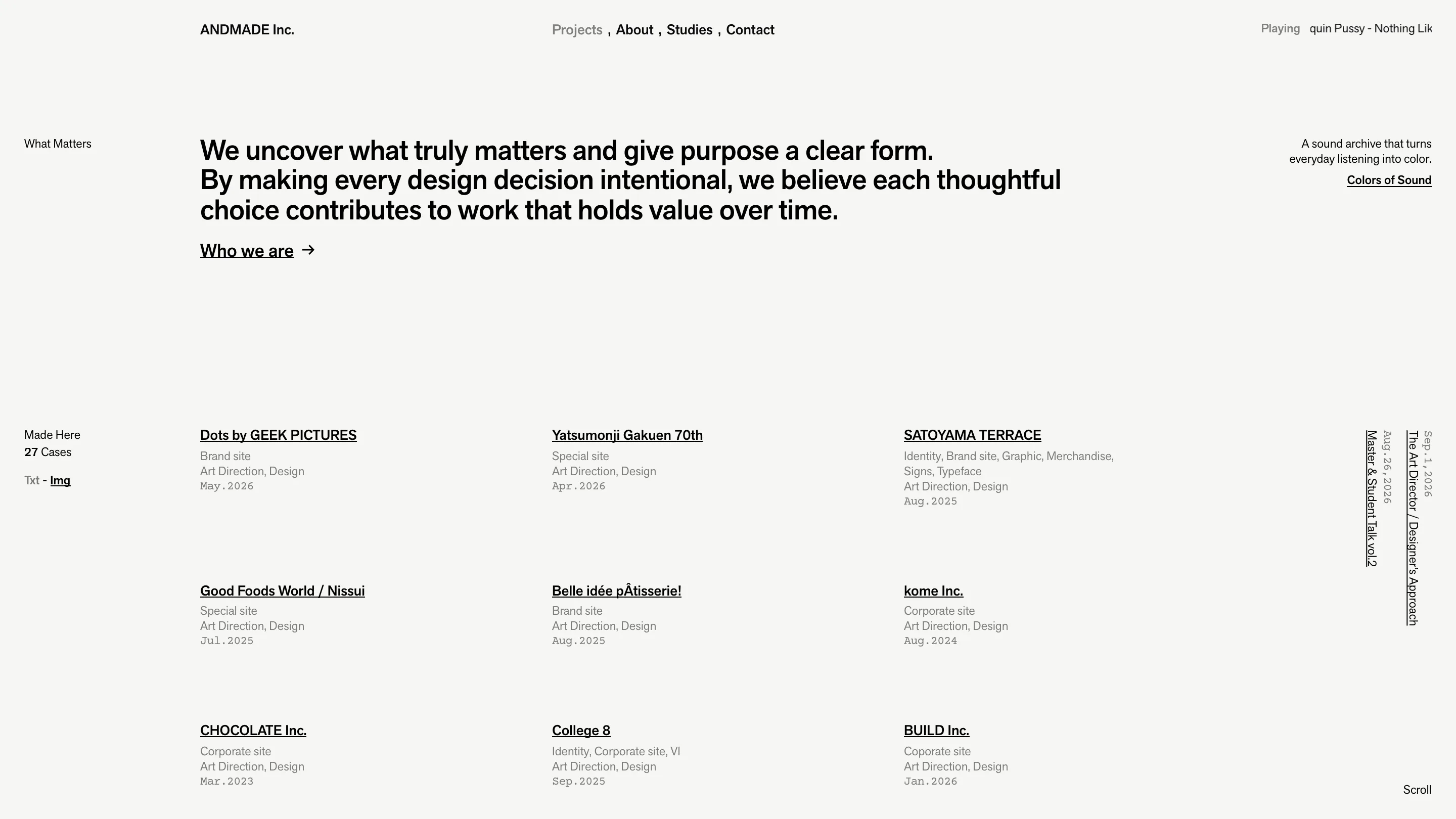 ANDMADE Inc. homepage: off-white page, black grotesque type, a three-column text index of client projects with monospace dates
