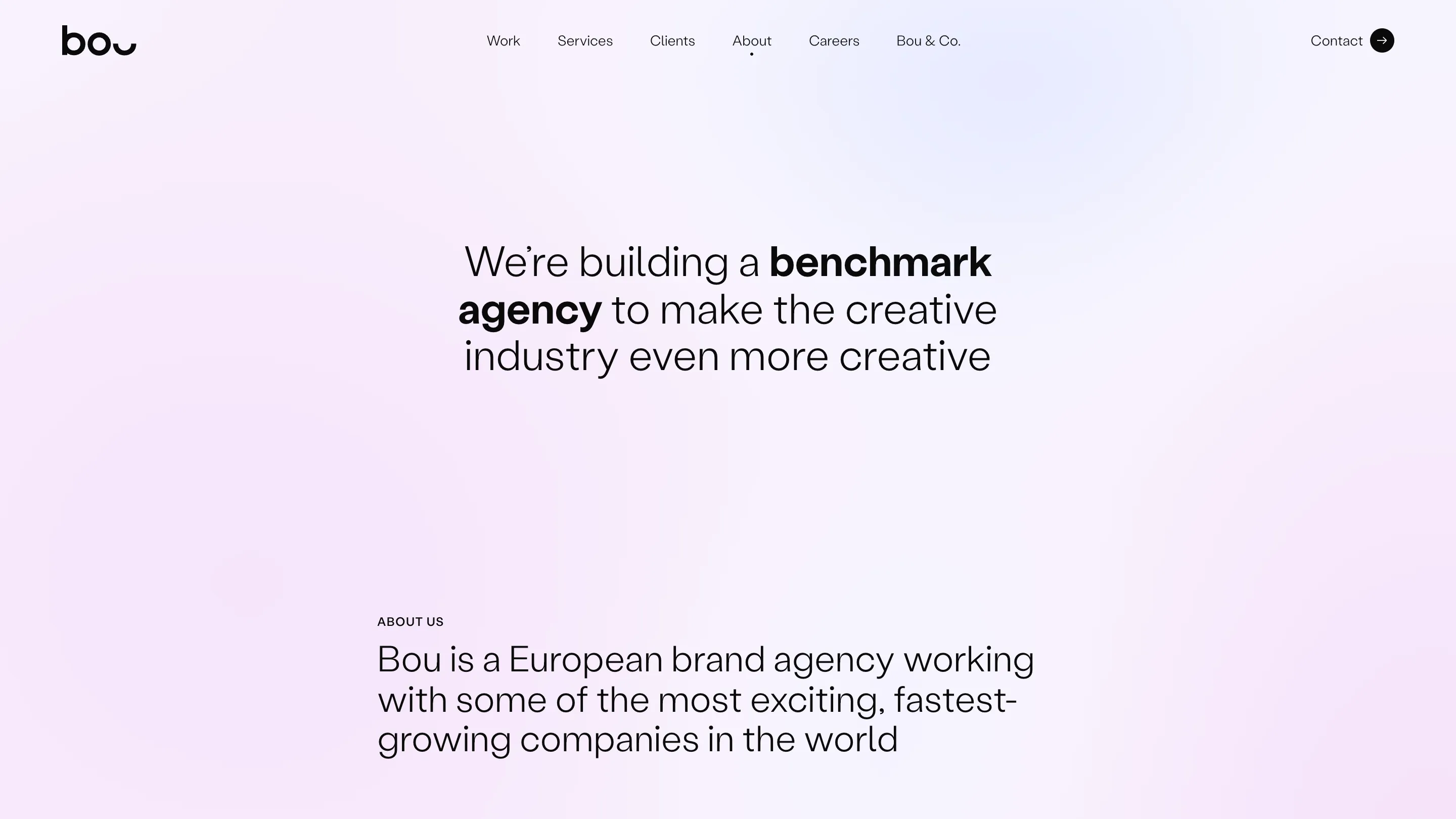 Bou's About page: a centred statement headline with two bold words, set over a pale pink and lilac gradient