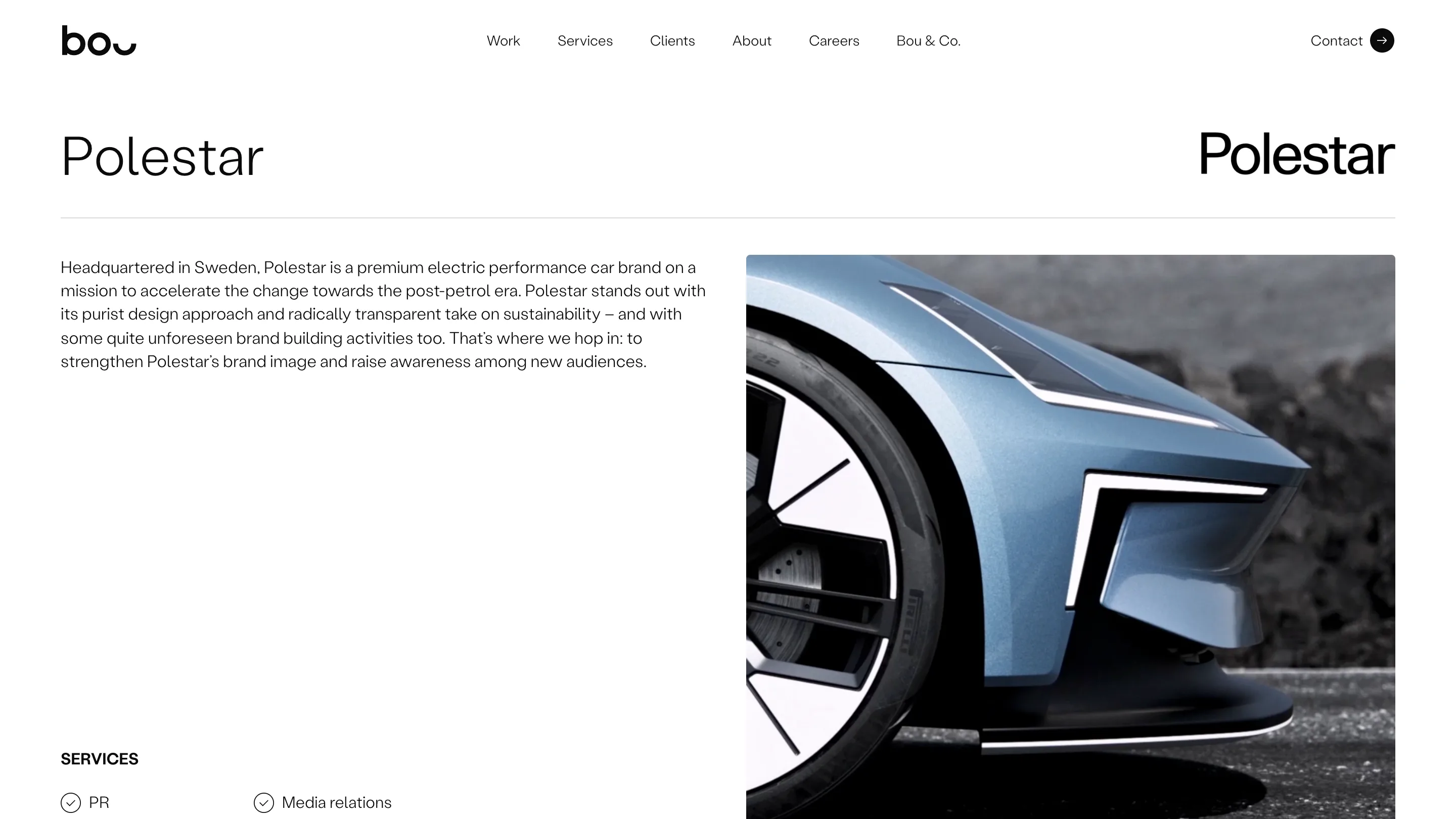 Bou's Polestar case study: the client name in two typefaces above a hairline rule, a text column on the left and a close-up of the car on the right