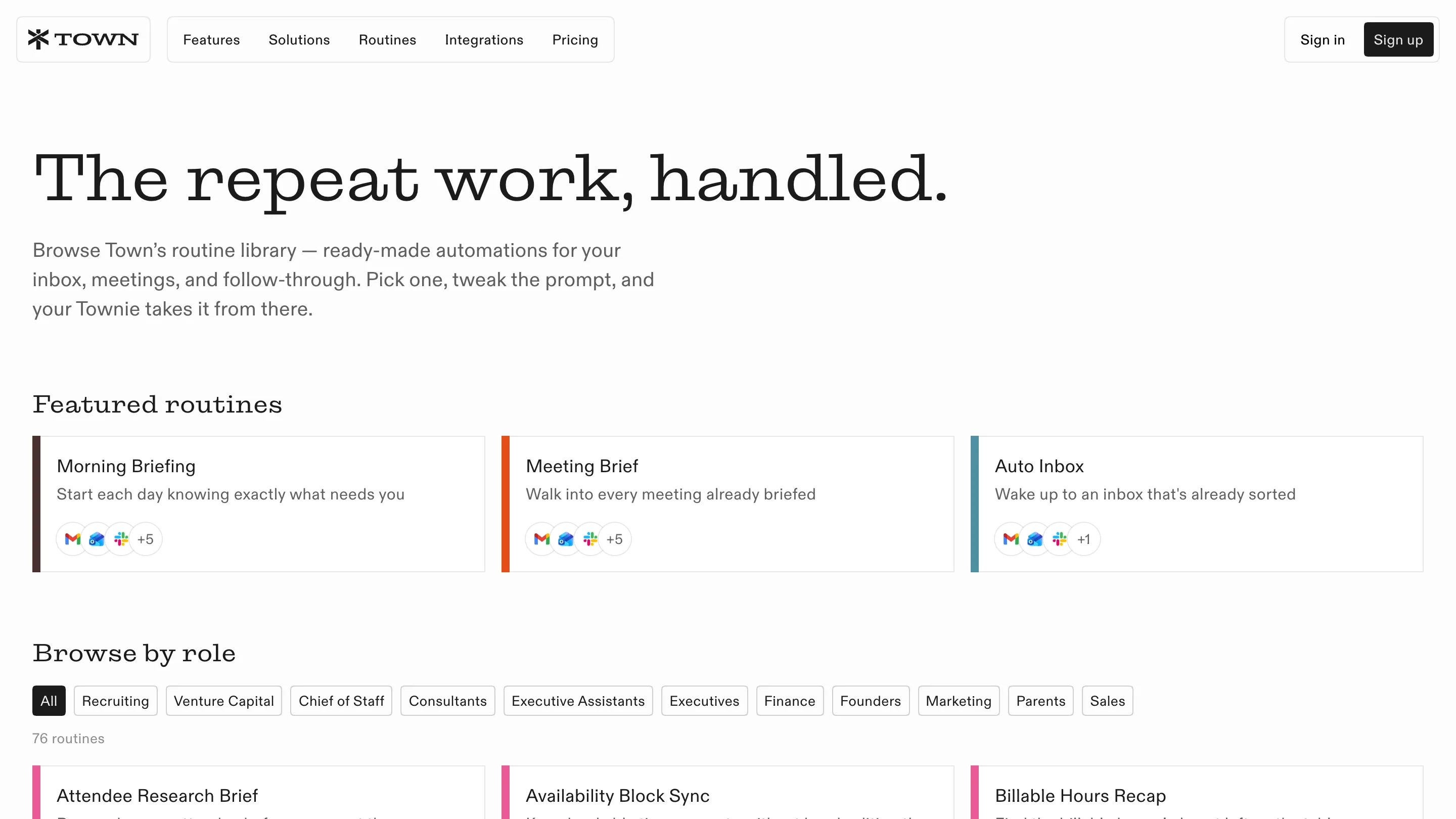 Town's routines page with the headline "The repeat work, handled." over cards for Morning Briefing, Meeting Brief and Auto Inbox, each with a coloured left edge