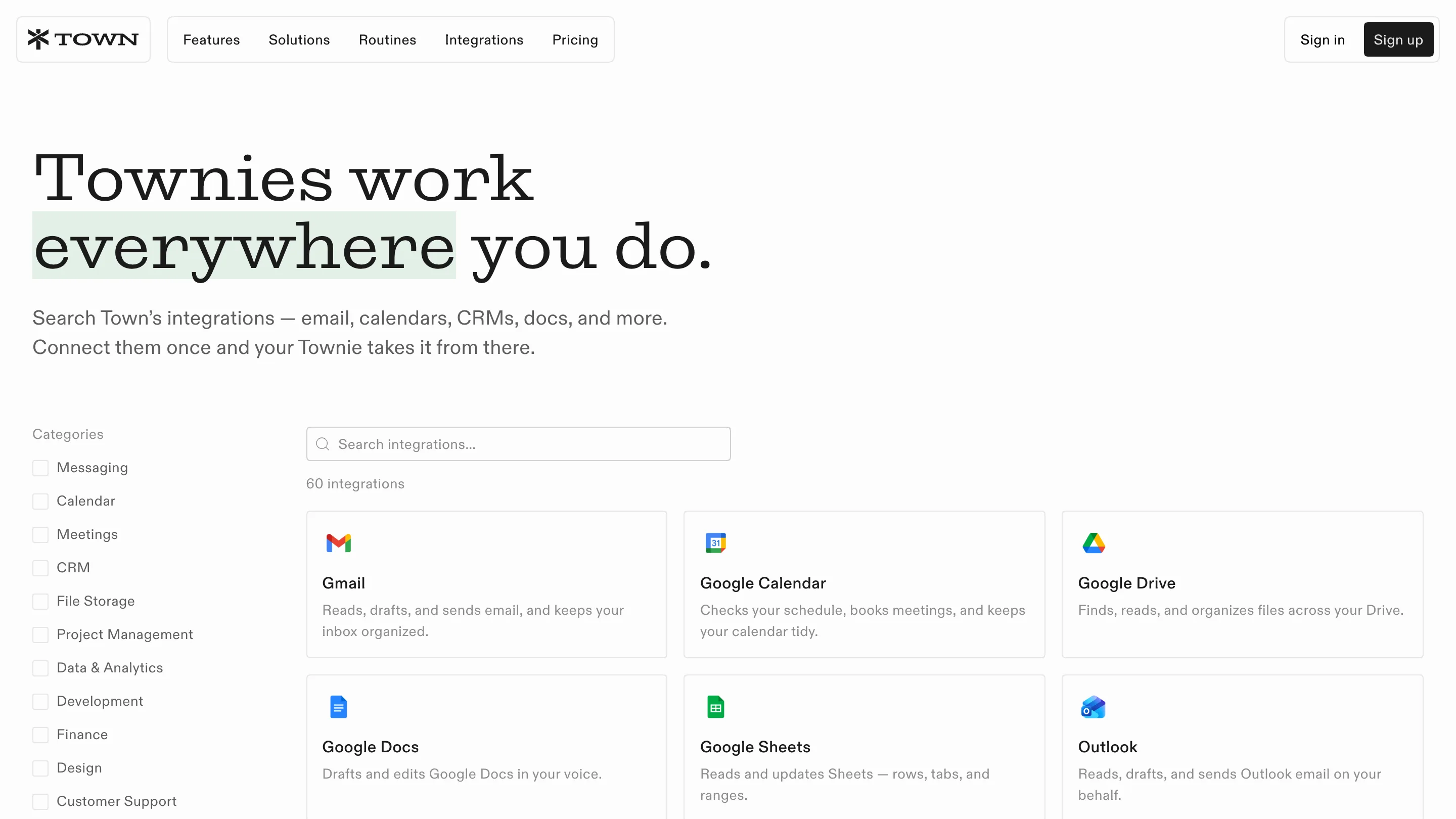 Town's integrations page with the headline "Townies work everywhere you do." and a pale green highlight on "everywhere", above a filterable grid of 60 integrations