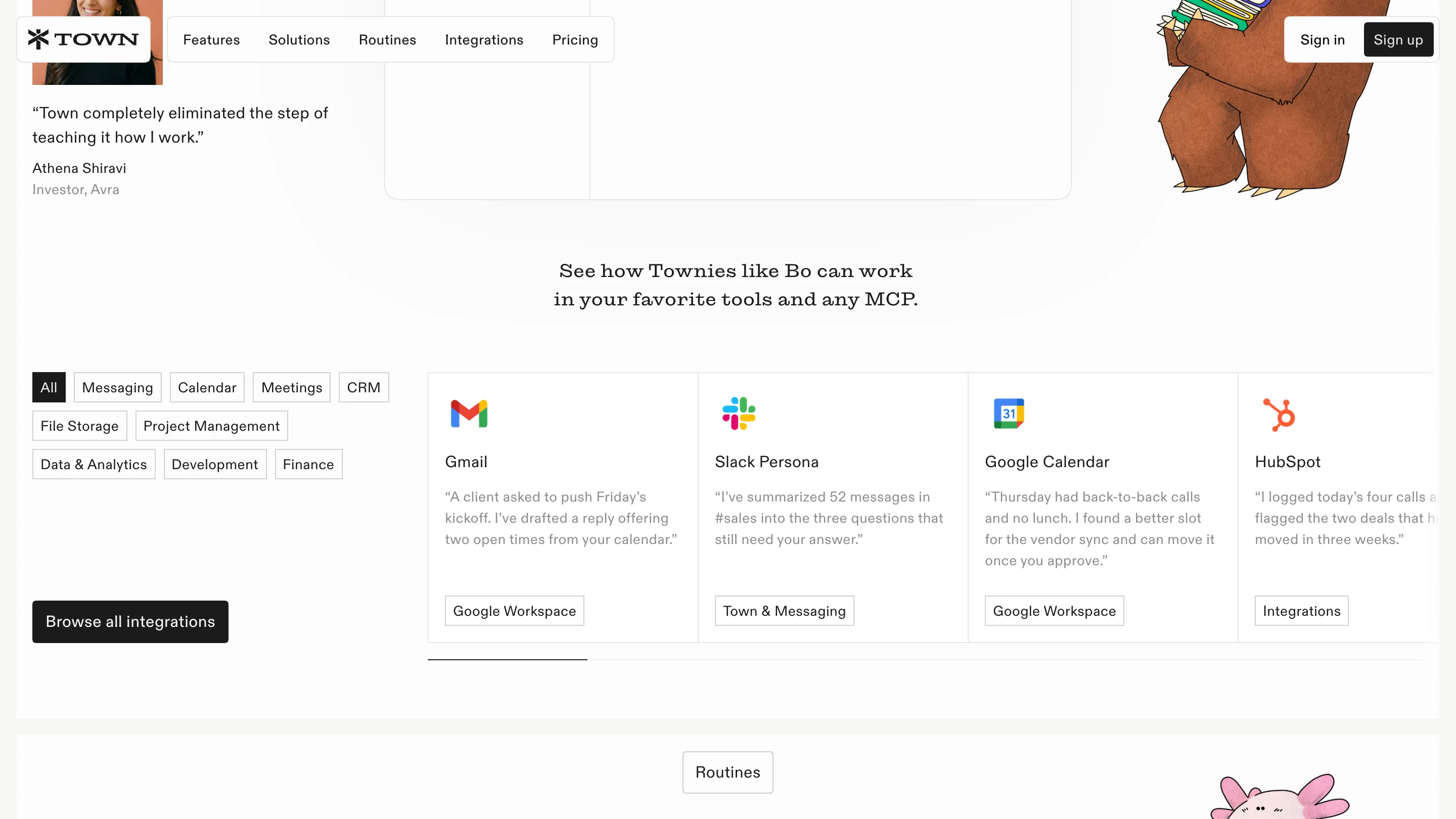 Town's homepage section with Bo the bear above a row of integration cards for Gmail, Slack, Google Calendar and HubSpot