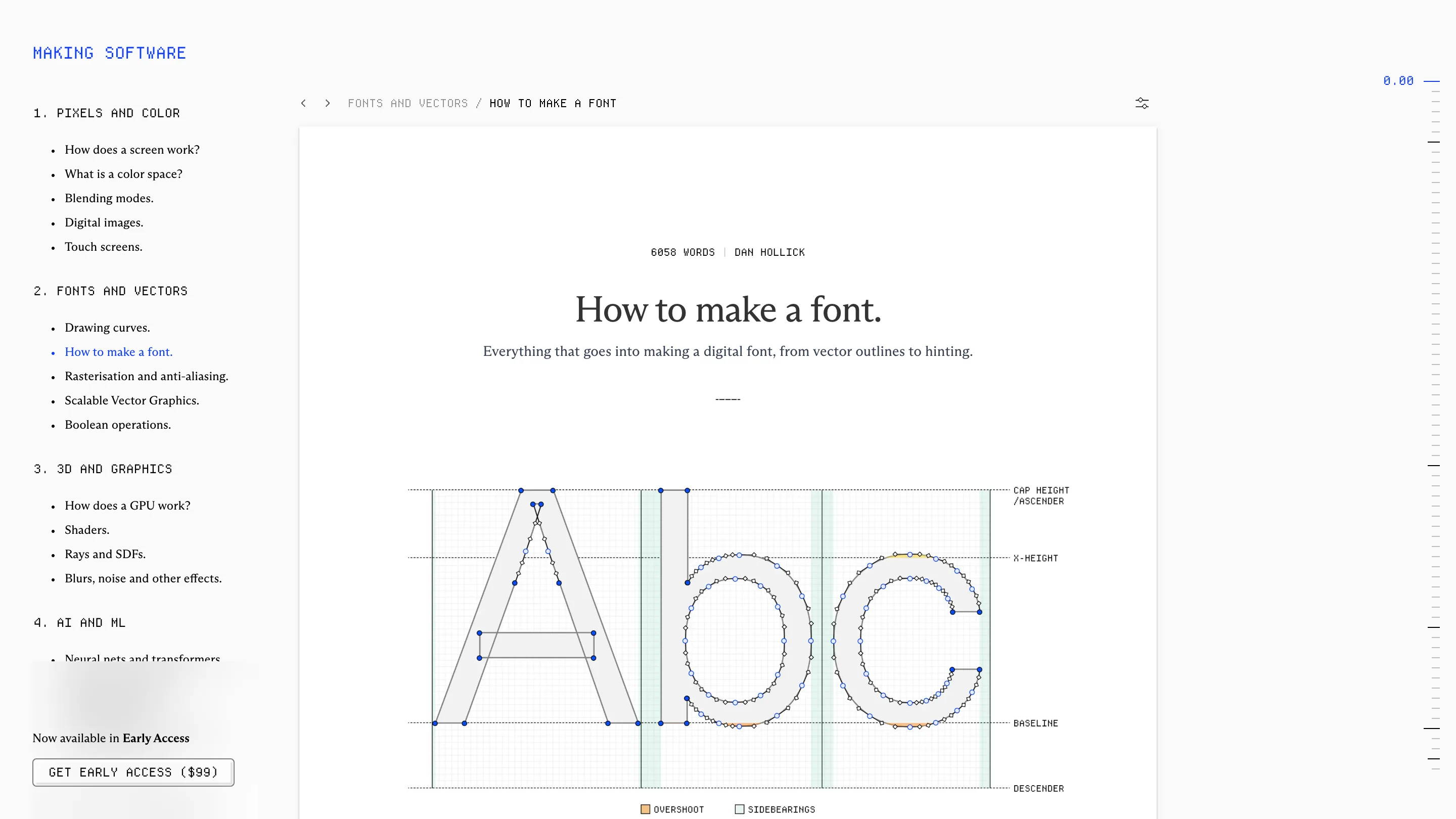 The "How to make a font" chapter, with the letters A, b and c drawn as outlines with their points, over lines marking cap height, x-height, baseline and descender