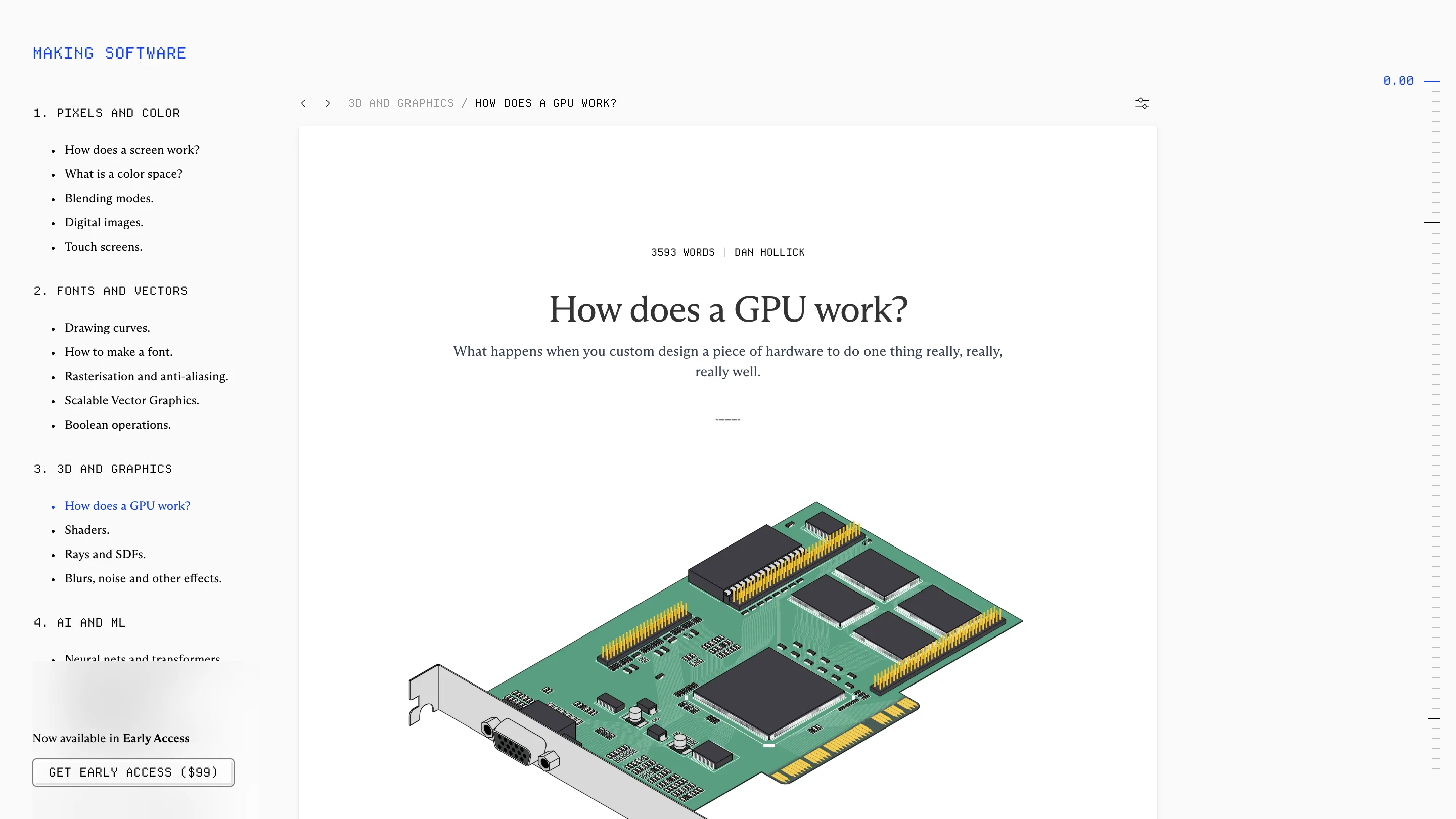 The "How does a GPU work?" chapter opening on an isometric drawing of a graphics card in green and gold