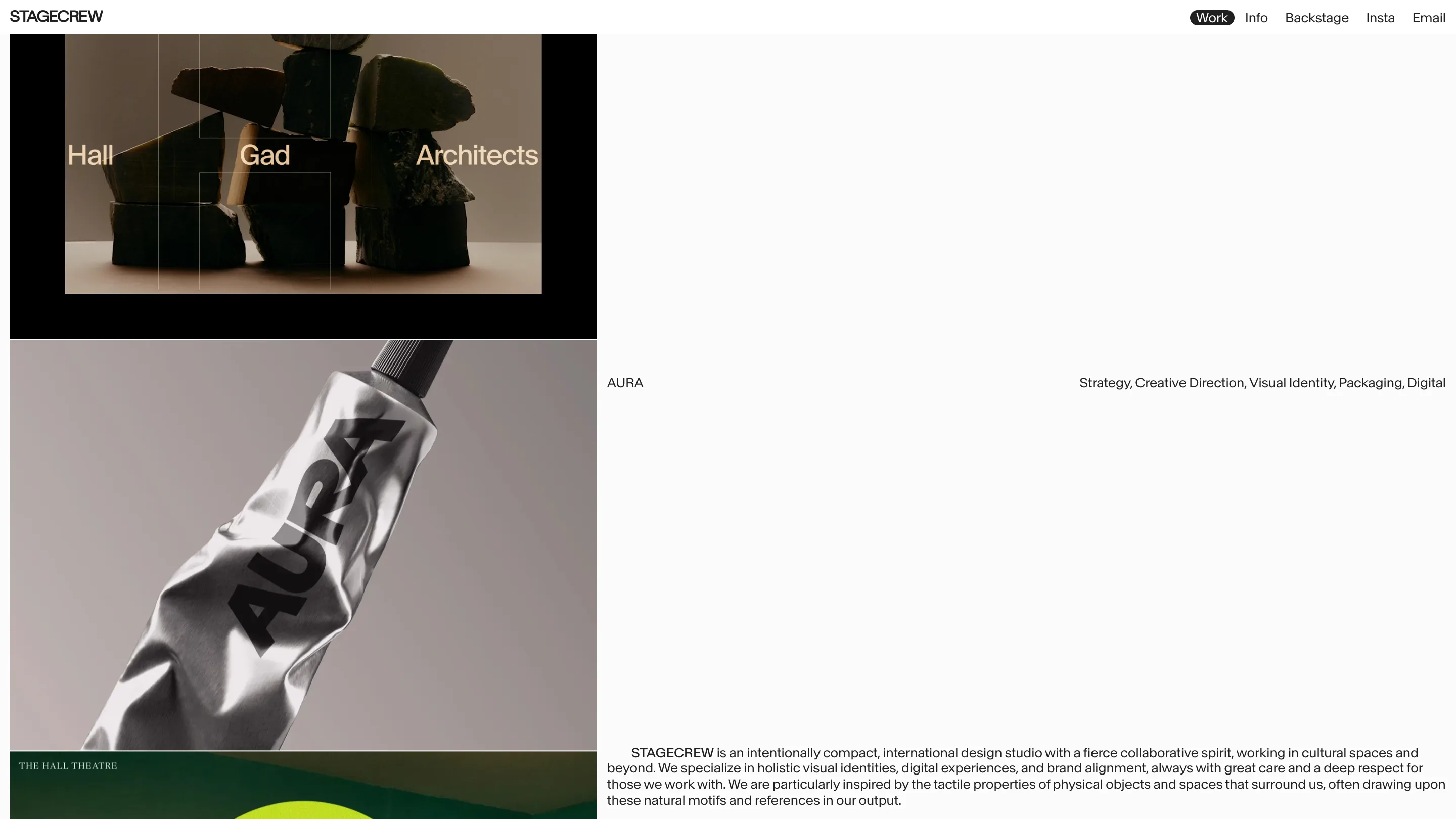 StageCrew studio homepage: a two-column layout with stacked work images on the left and a project index listing disciplines on the right, near-monochrome with an acid-green accent.