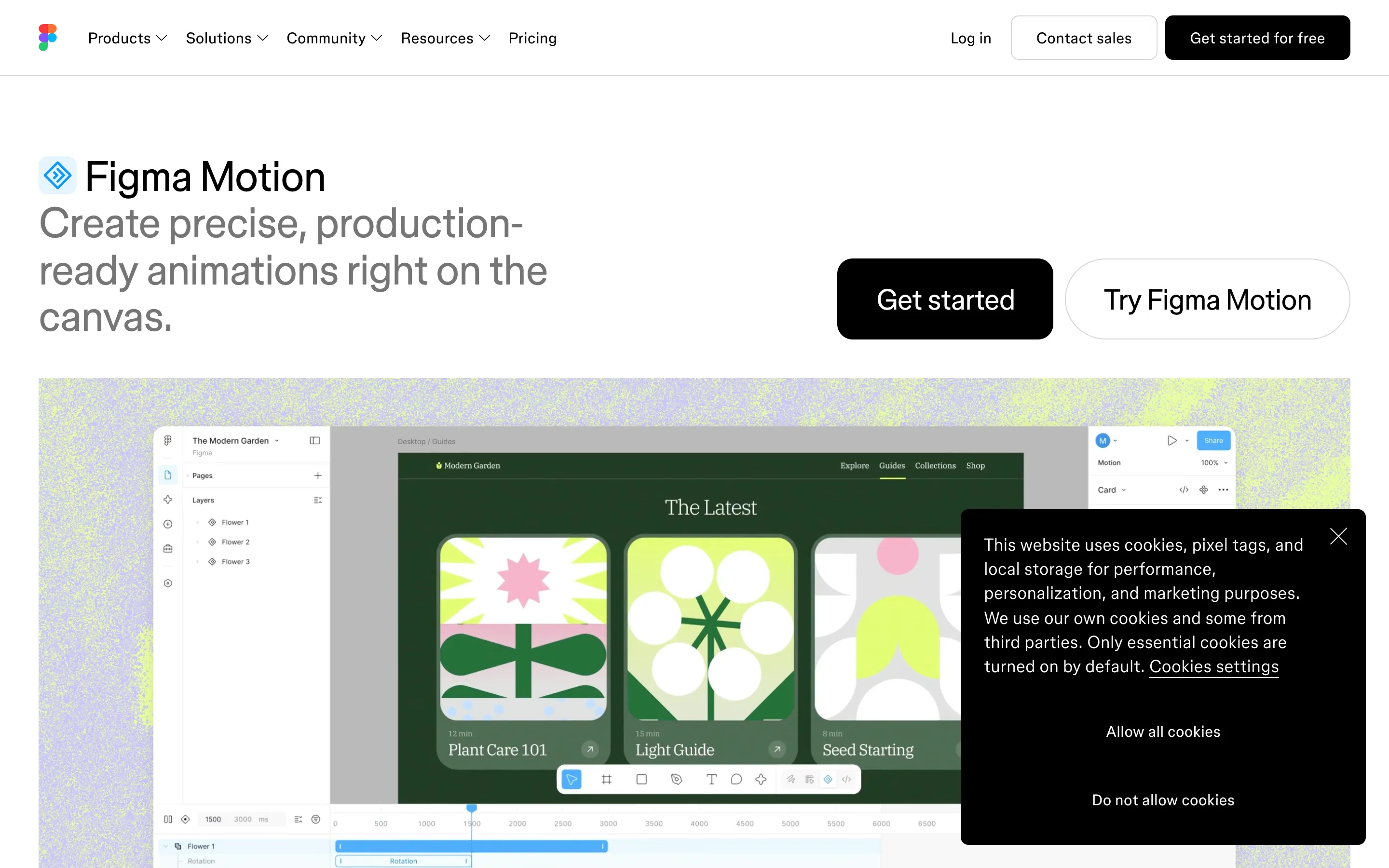 The Figma Motion product page, showing the timeline and keyframe interface
