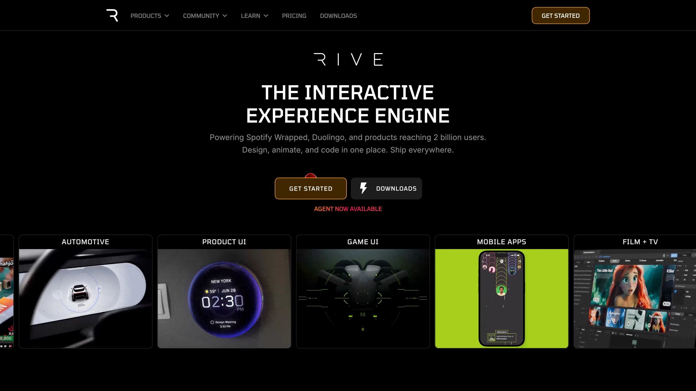 Rive's homepage, showing the interactive experience engine used by Spotify, Duolingo, and Disney