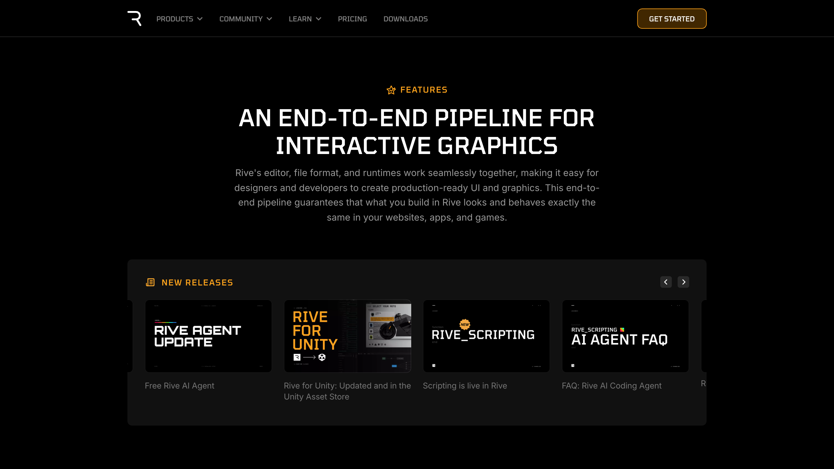 Rive's features page listing state machines, listeners, and data binding