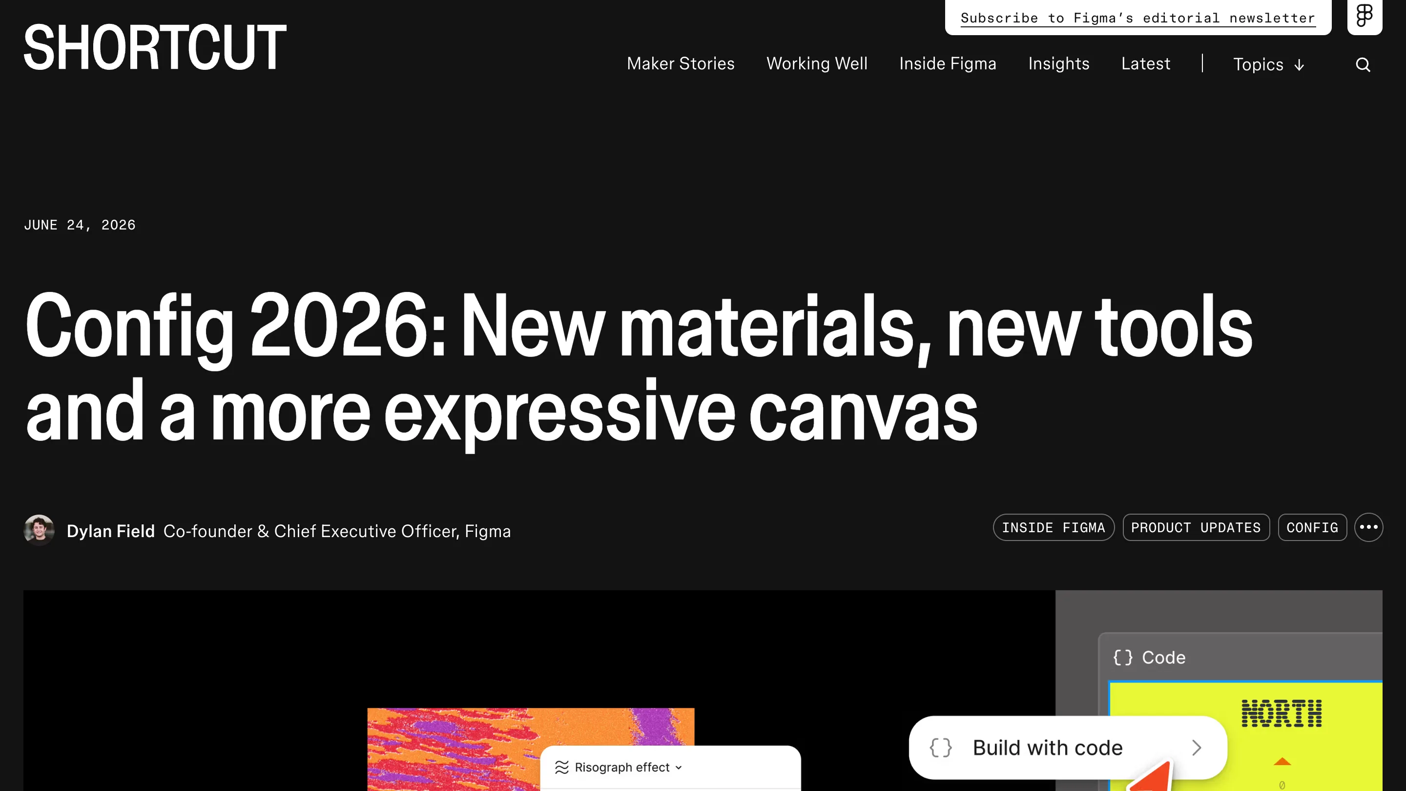 Figma's Config 2026 recap page announcing code layers, motion, and shader effects