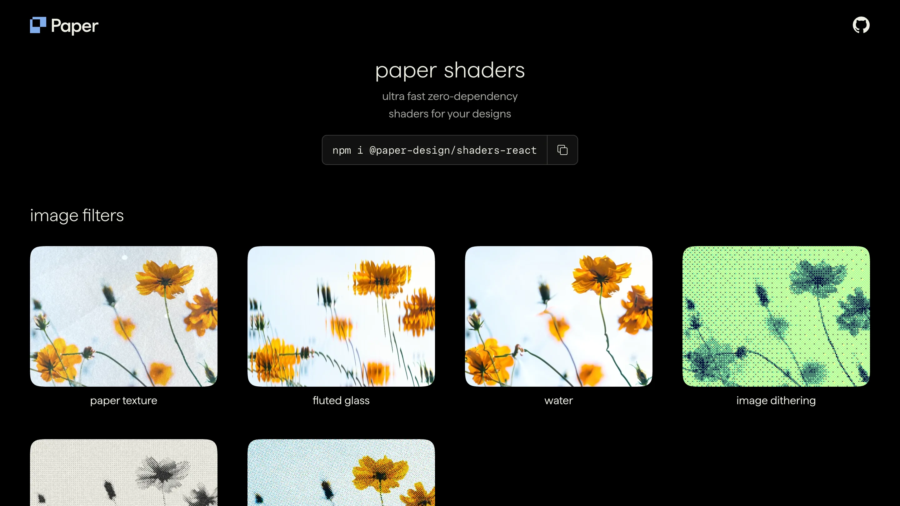 The Paper Shaders showcase page, a dark gallery of animated WebGL effect previews grouped into image filters, logo animations, and effects.