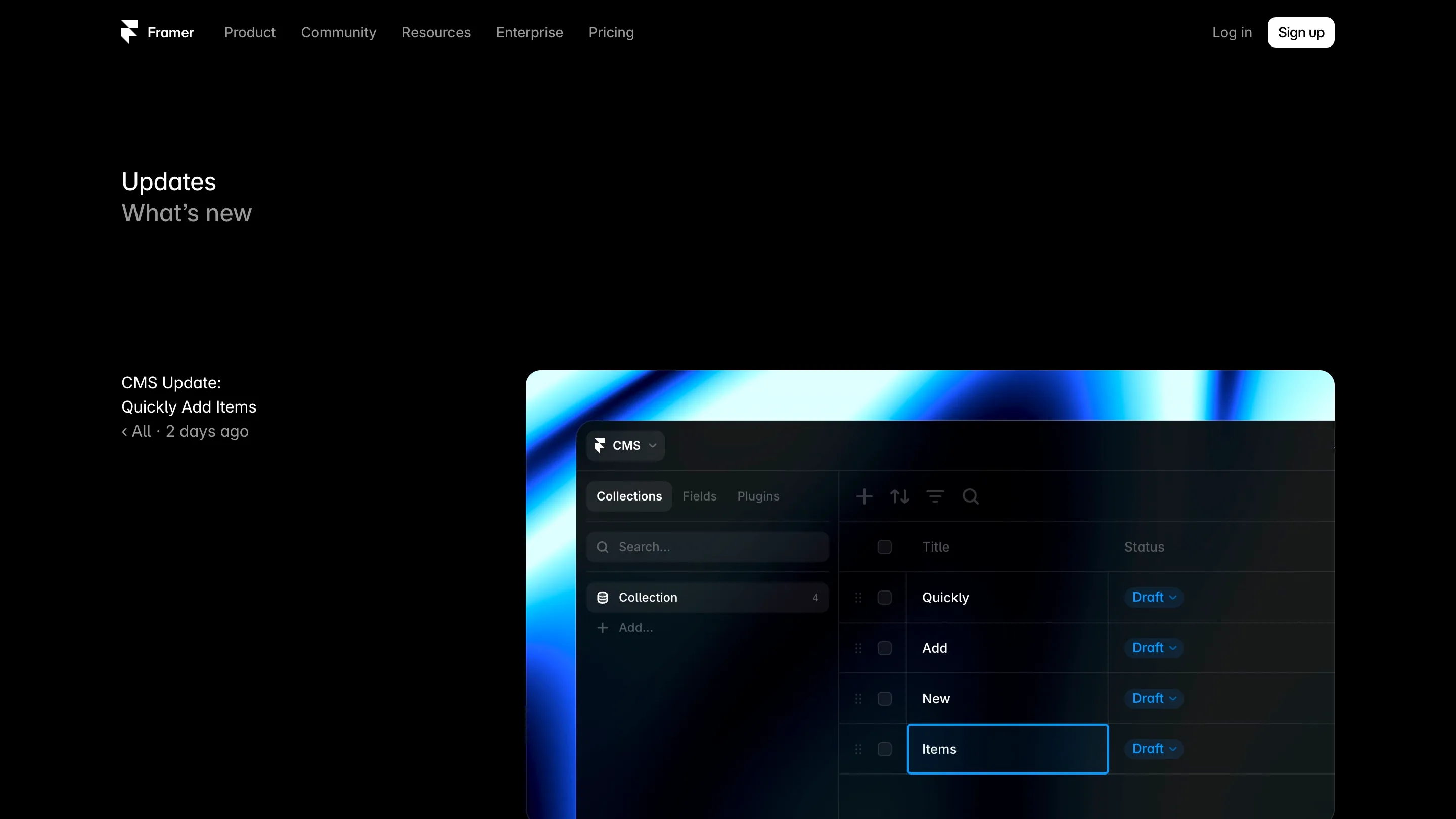 Framer's CMS 3.1 update page, describing the new empty row at the bottom of every collection