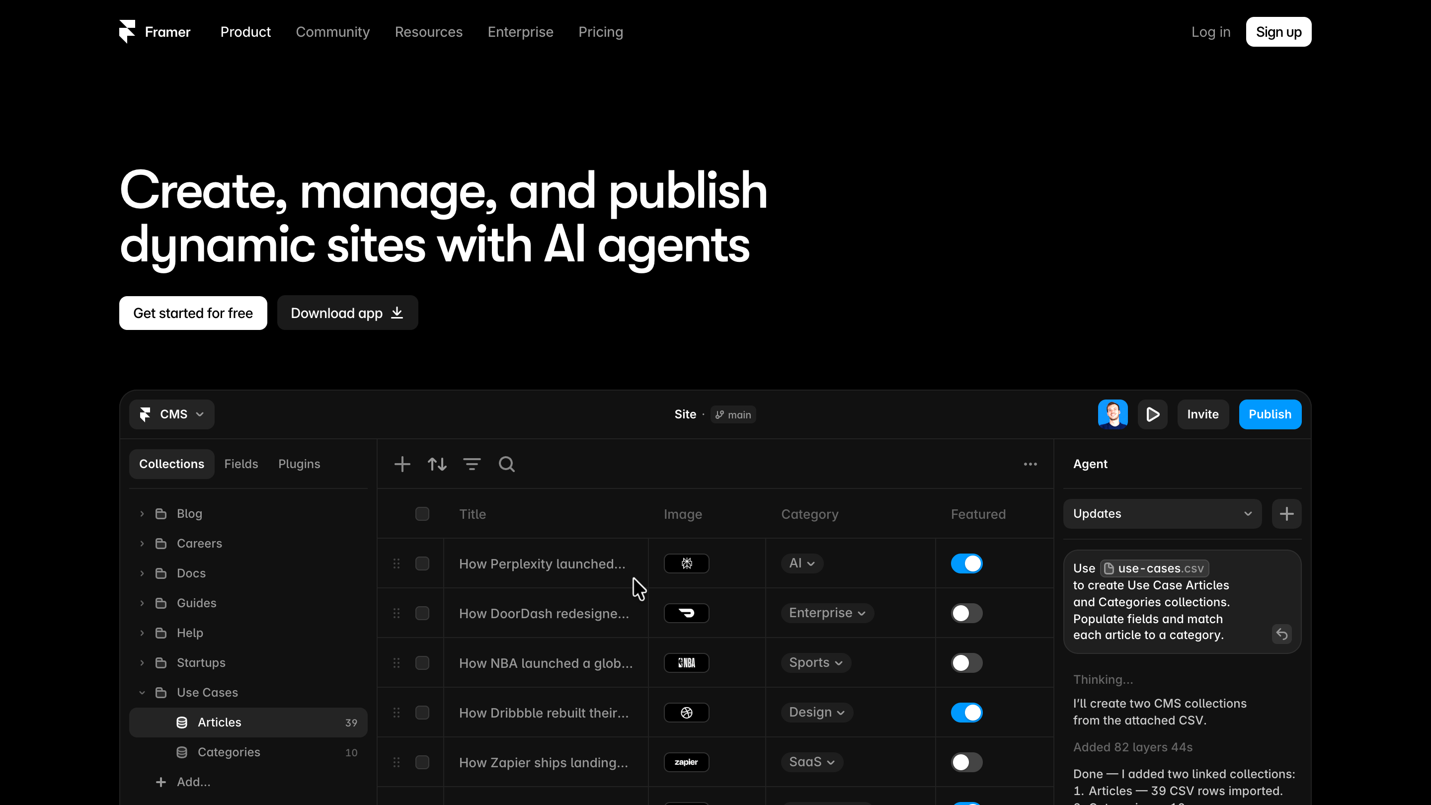 Framer's CMS product page, showing collections, fields and generated detail pages