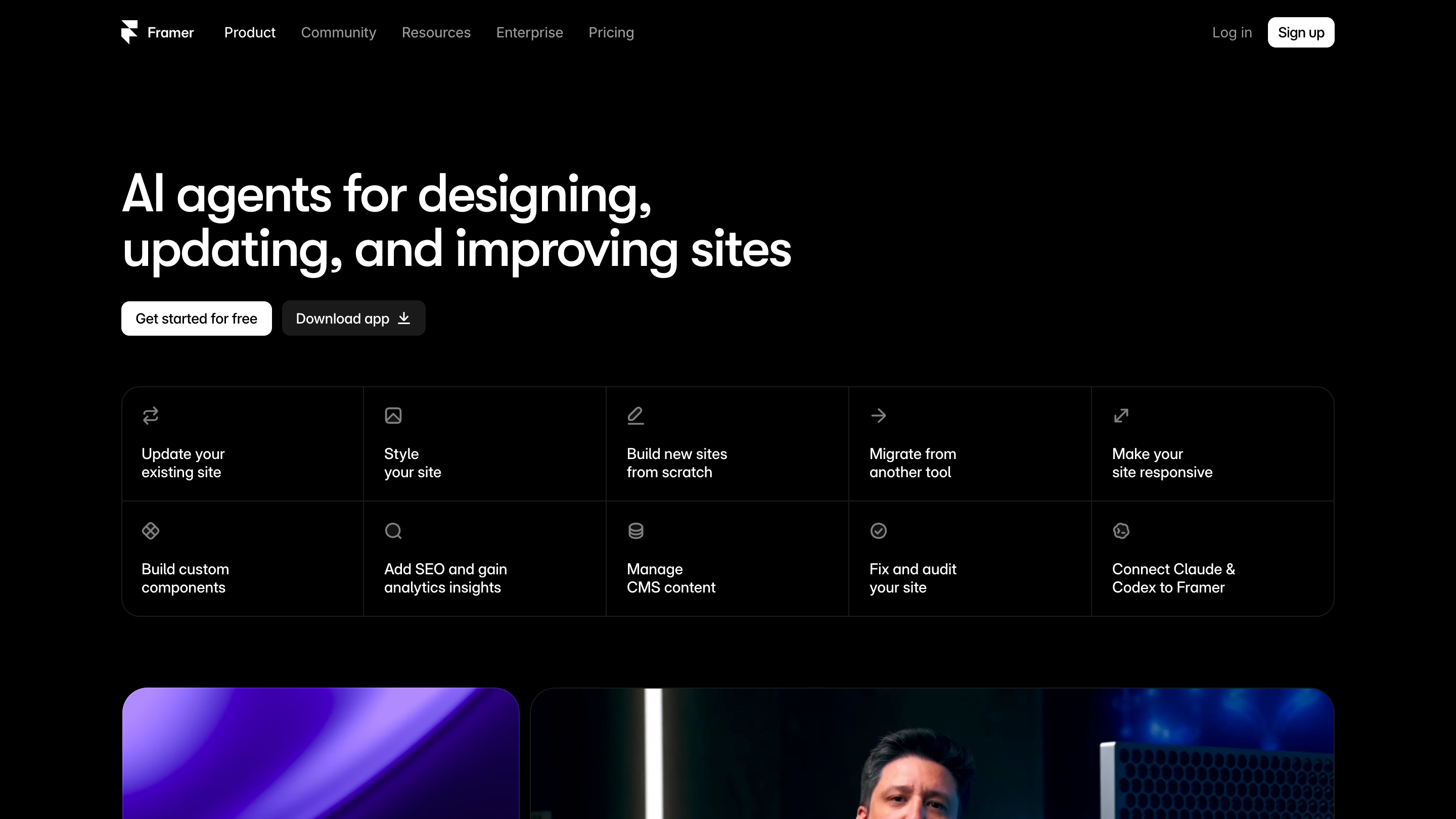 Framer's agents page, describing what the Agent can do inside a site