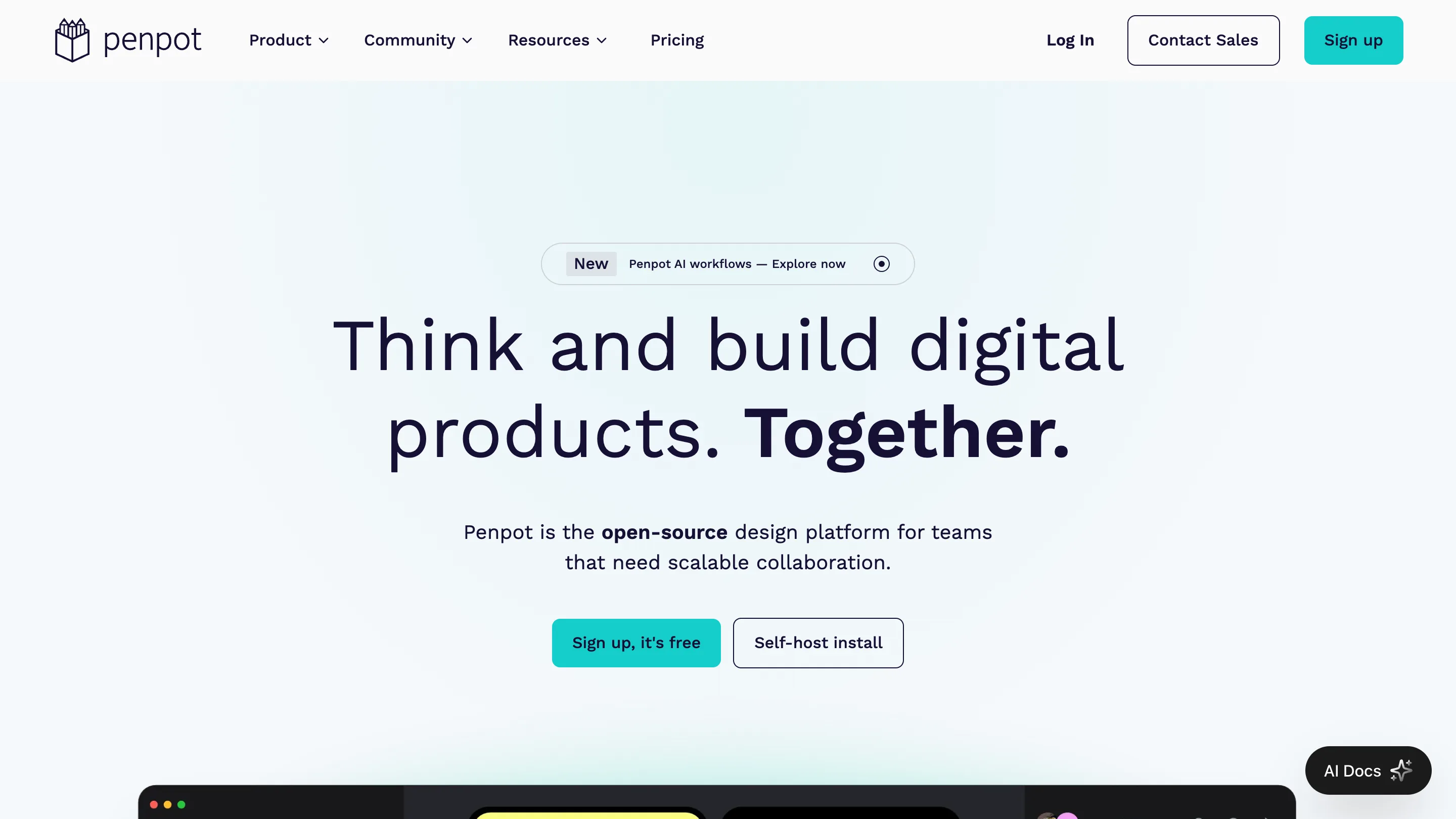 The Penpot home page, headlined "Think and build digital products. Together.", describing itself as the open-source design platform for teams that need scalable collaboration.
