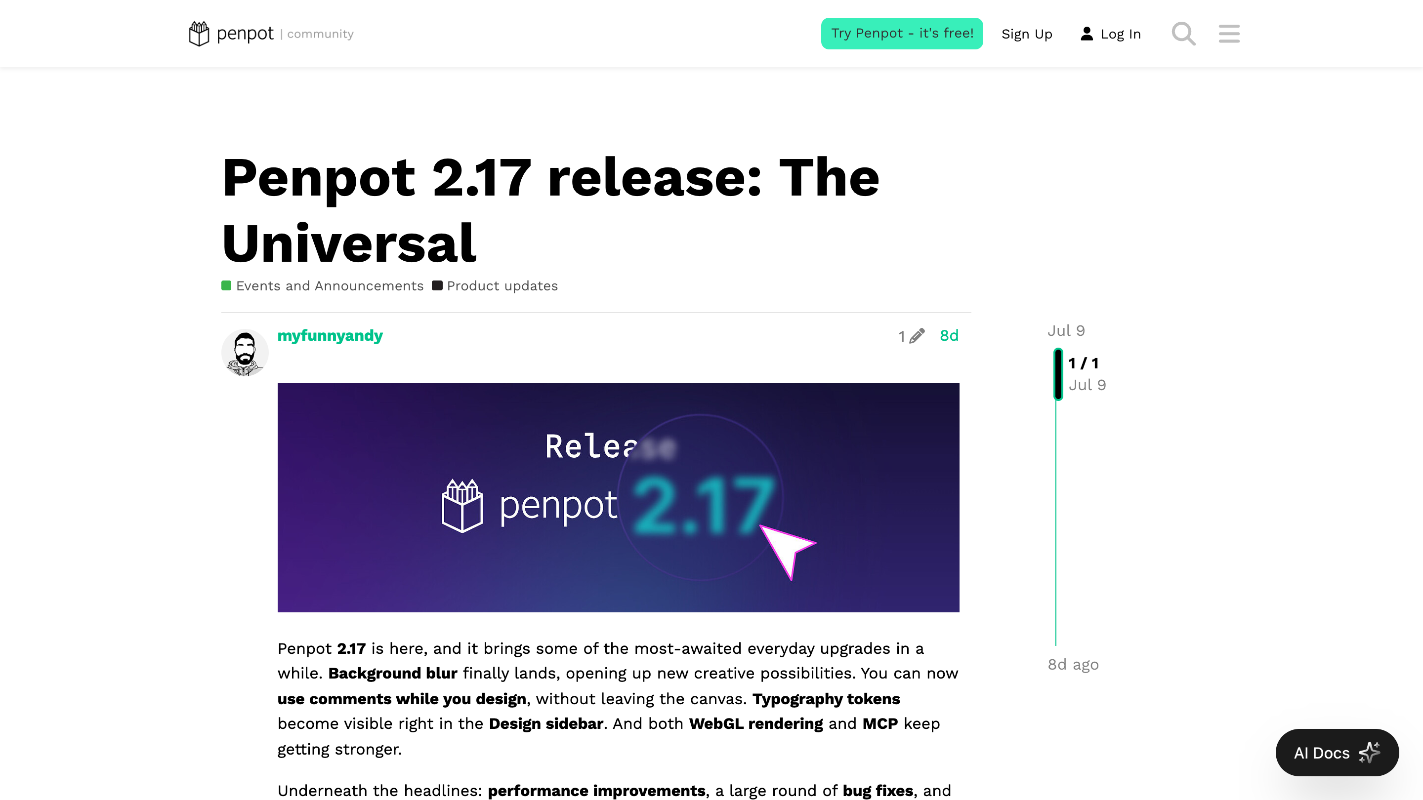 The Penpot 2.17 release post, headlined "Penpot 2.17 release: The Universal," with the version number rendered behind a circular frosted-glass blur
